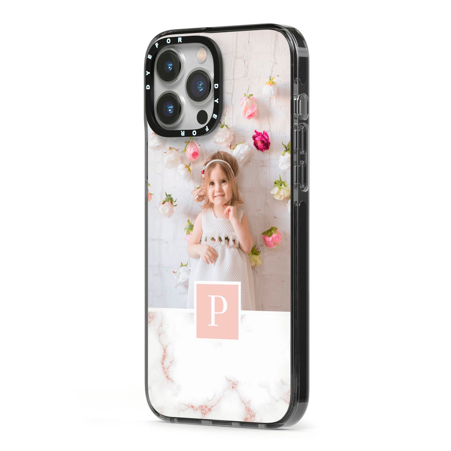 Monogram Marble Photo Upload iPhone 13 Pro Max Black Impact Case Side Angle on Silver phone