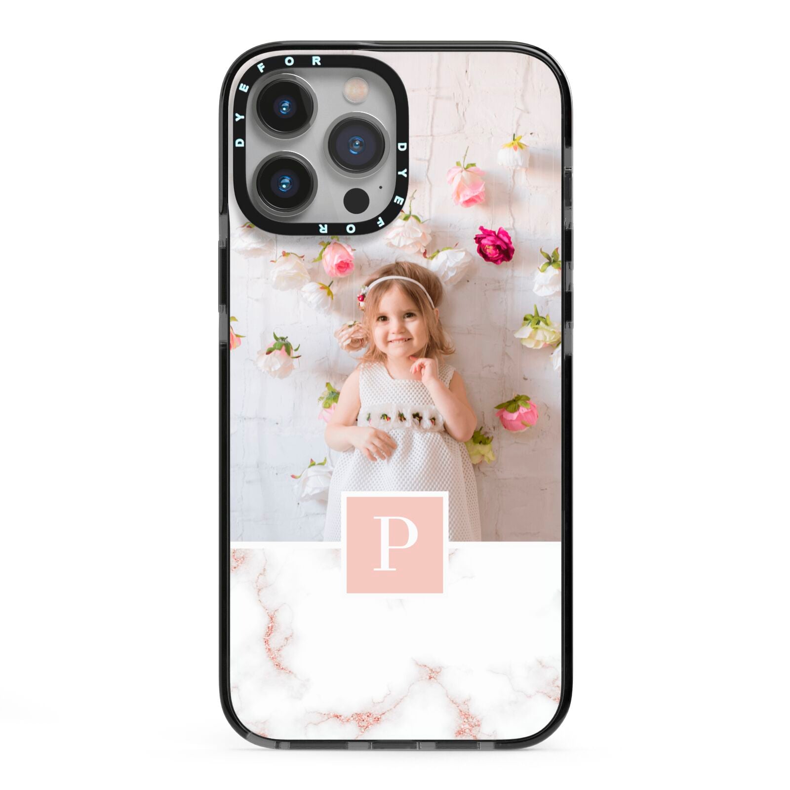 Monogram Marble Photo Upload iPhone 13 Pro Max Black Impact Case on Silver phone