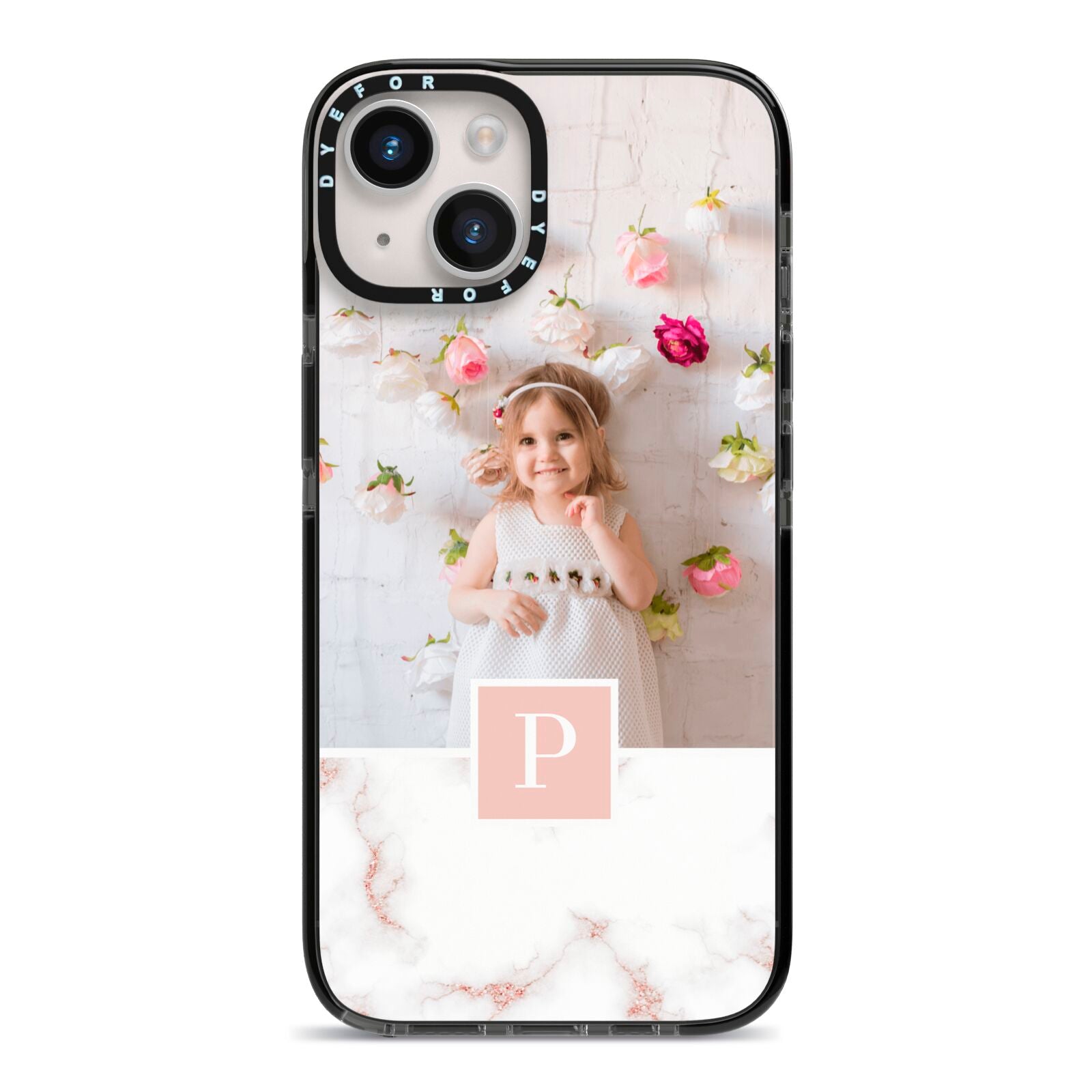 Monogram Marble Photo Upload iPhone 14 Black Impact Case on Silver phone