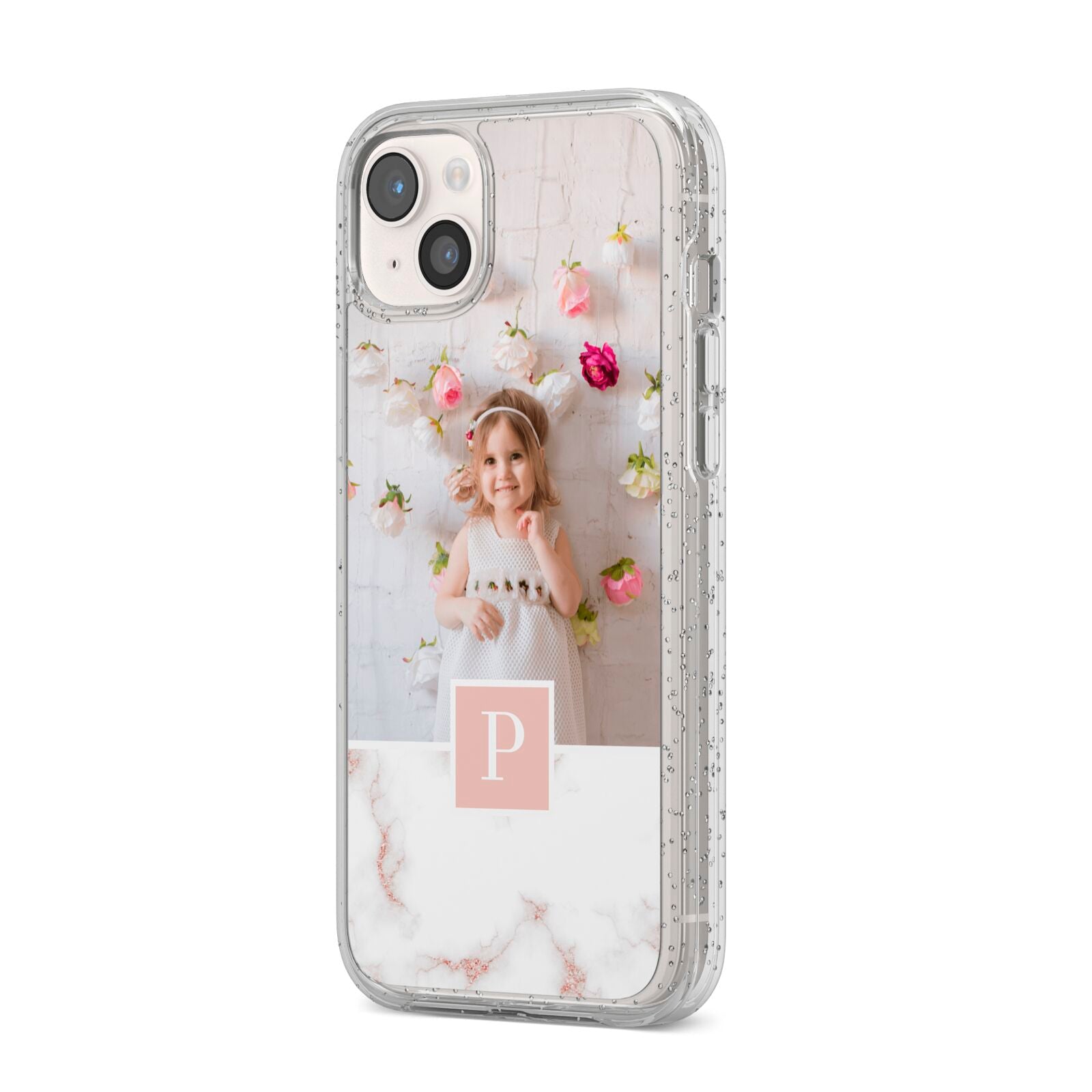 Monogram Marble Photo Upload iPhone 14 Plus Glitter Tough Case Starlight Angled Image