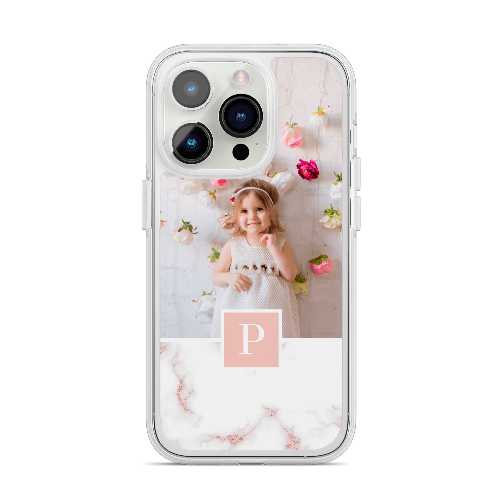 Monogram Marble Photo Upload iPhone 14 Pro Clear Tough Case Silver