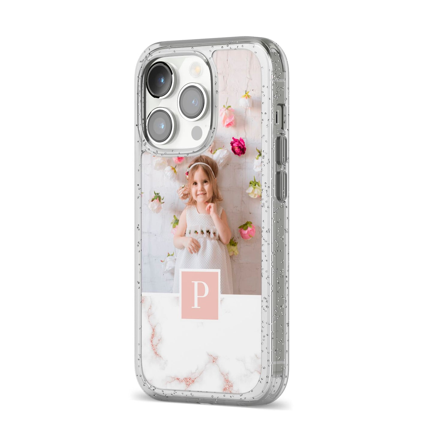 Monogram Marble Photo Upload iPhone 14 Pro Glitter Tough Case Silver Angled Image