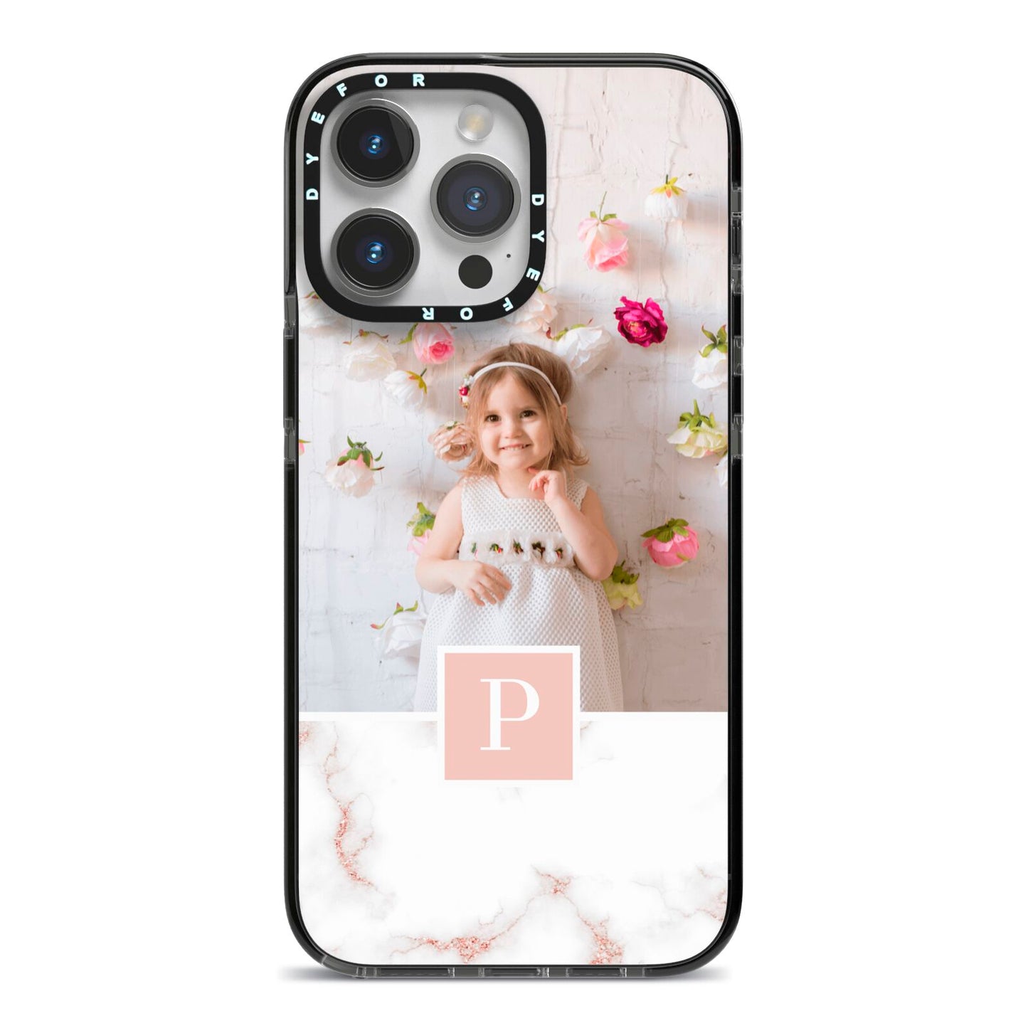 Monogram Marble Photo Upload iPhone 14 Pro Max Black Impact Case on Silver phone