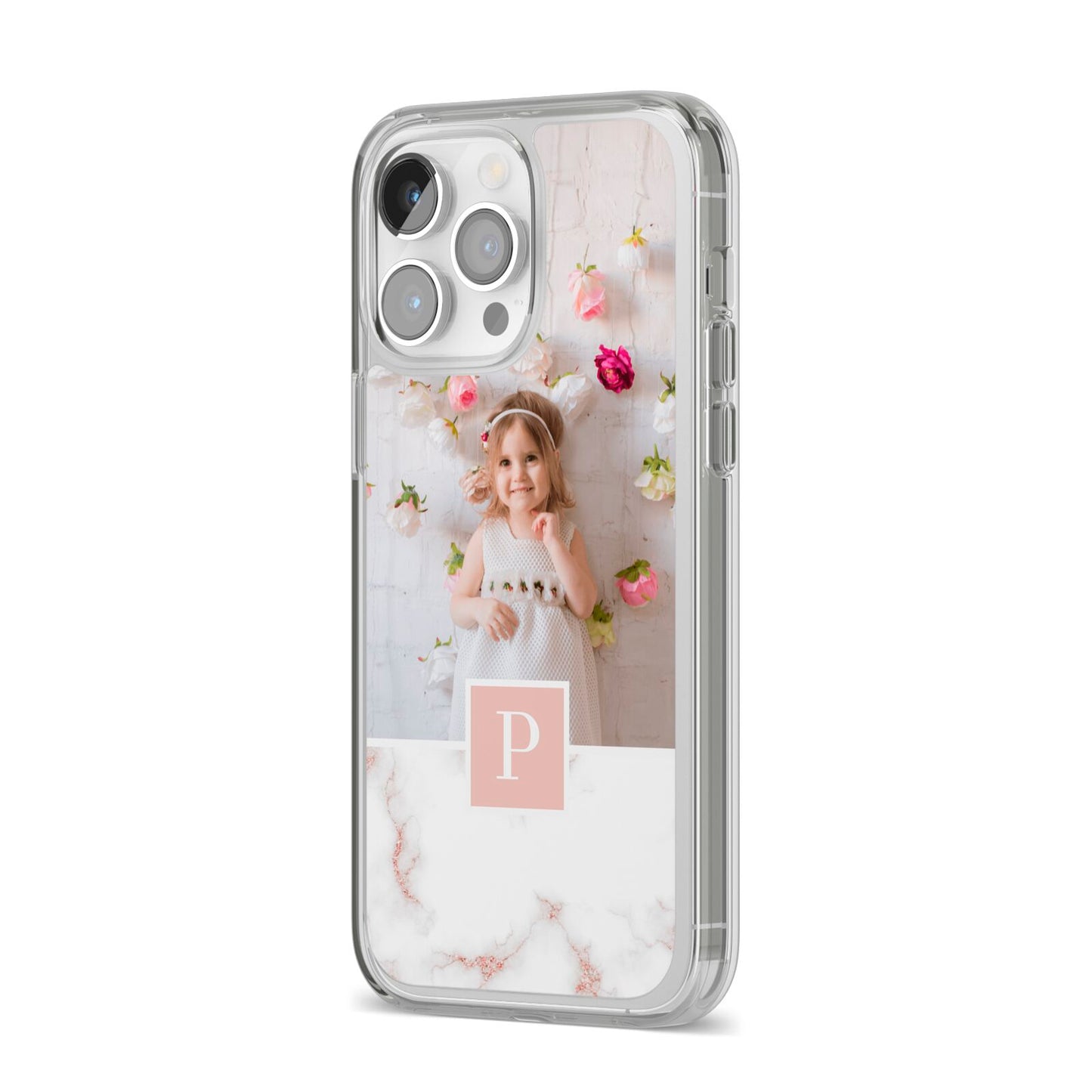 Monogram Marble Photo Upload iPhone 14 Pro Max Clear Tough Case Silver Angled Image