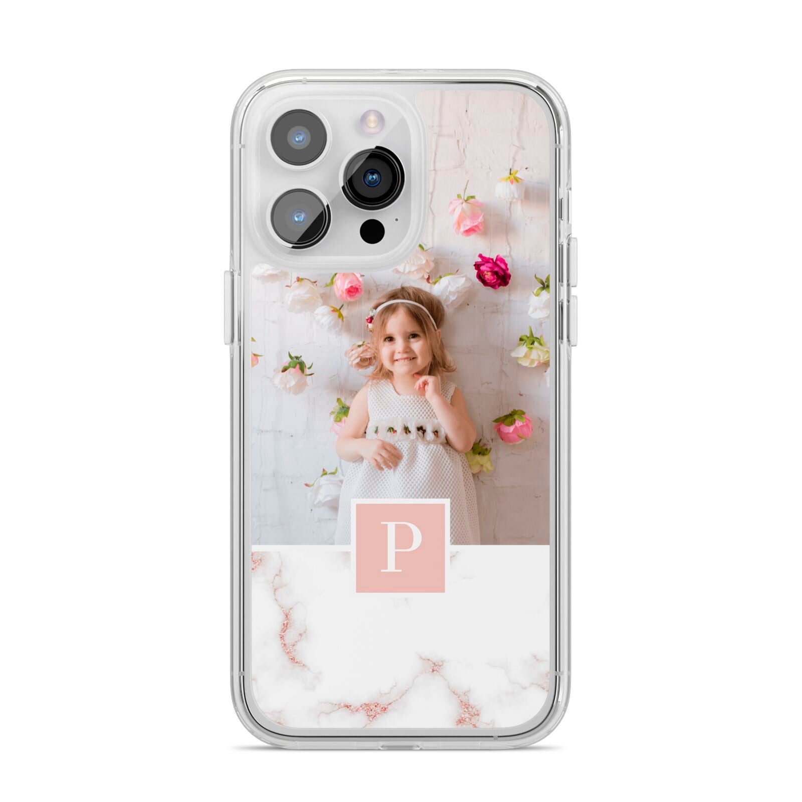 Monogram Marble Photo Upload iPhone 14 Pro Max Clear Tough Case Silver