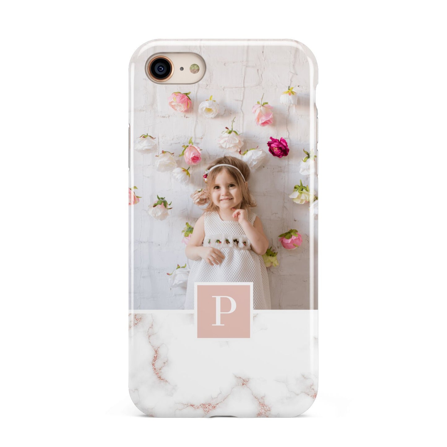 Monogram Marble Photo Upload iPhone 8 3D Tough Case on Gold Phone