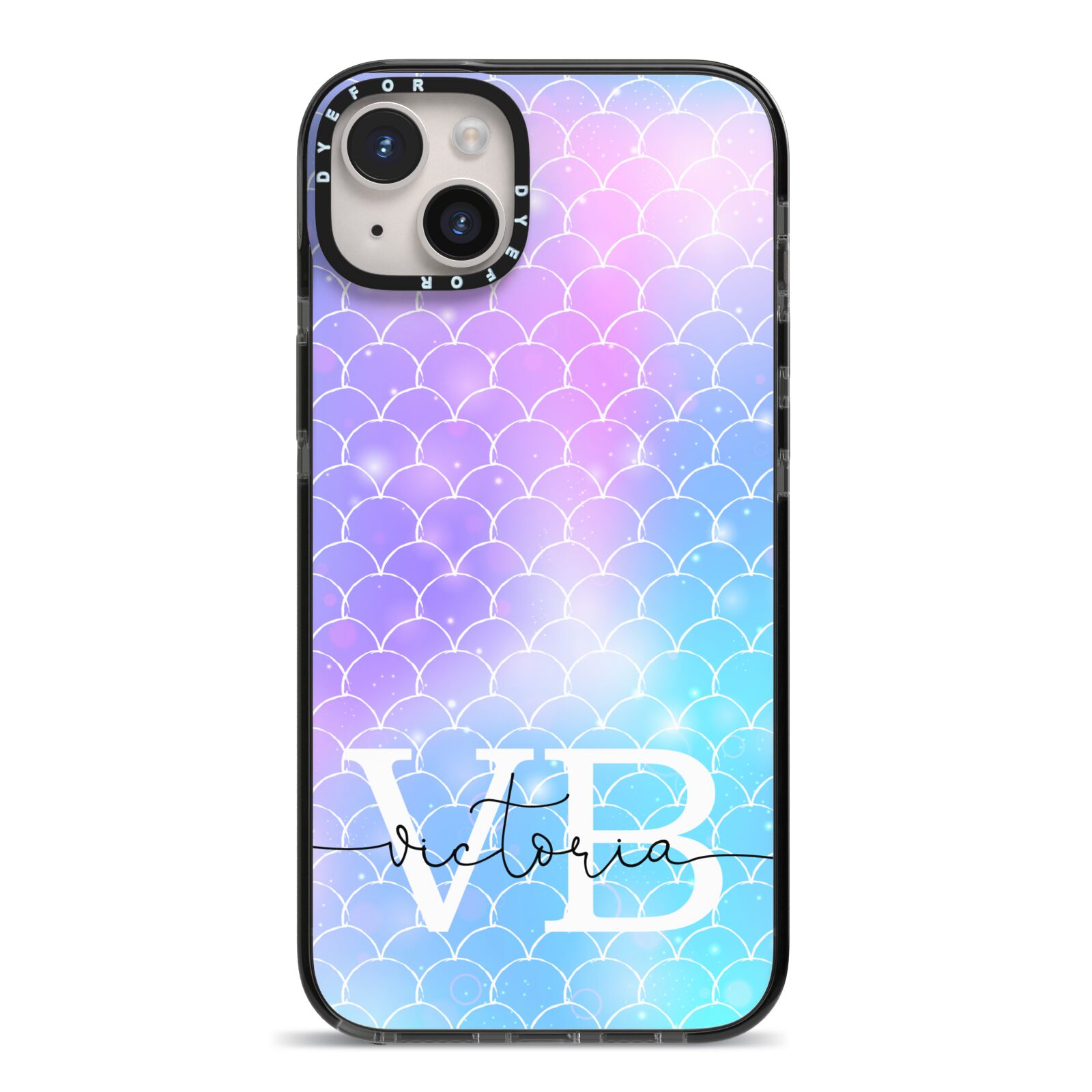 Monogram Mermaid Glitter with Name iPhone 14 Plus Black Impact Case on Silver phone