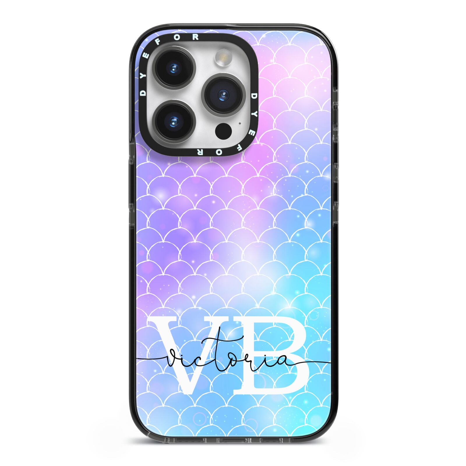 Monogram Mermaid Glitter with Name iPhone 14 Pro Black Impact Case on Silver phone