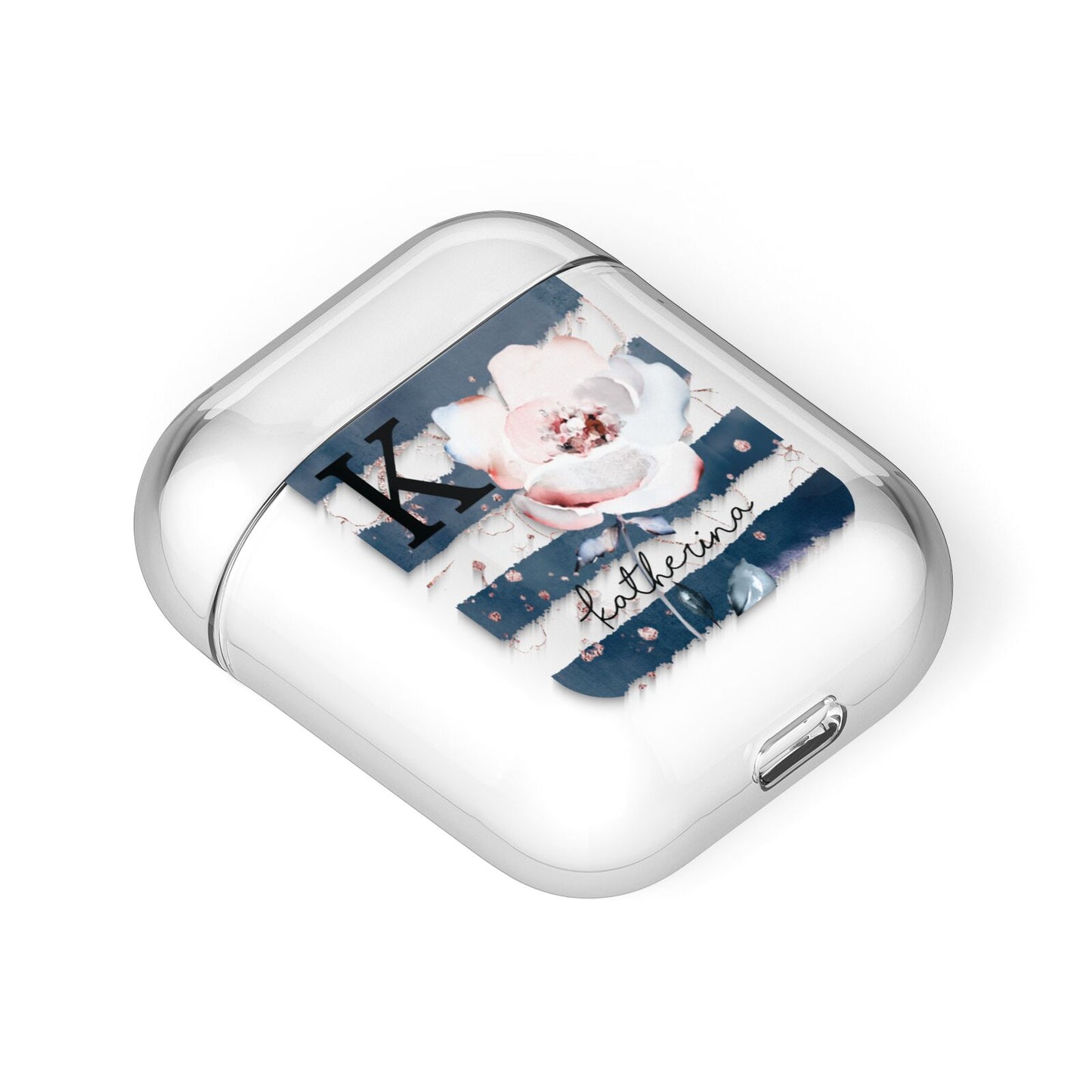 Monogram Pink Blue Striped Watercolour AirPods Case Laid Flat