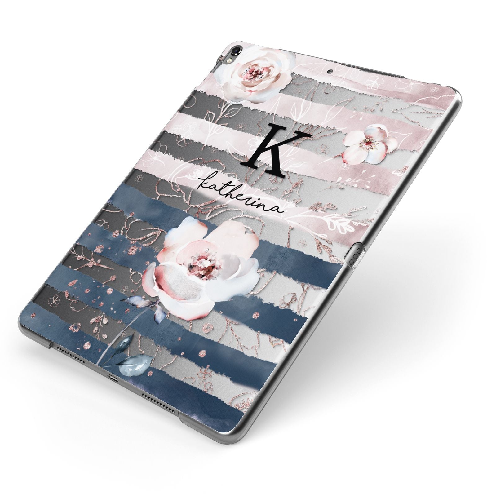 Monogram Pink Blue Striped Watercolour Apple iPad Case on Grey iPad Side View