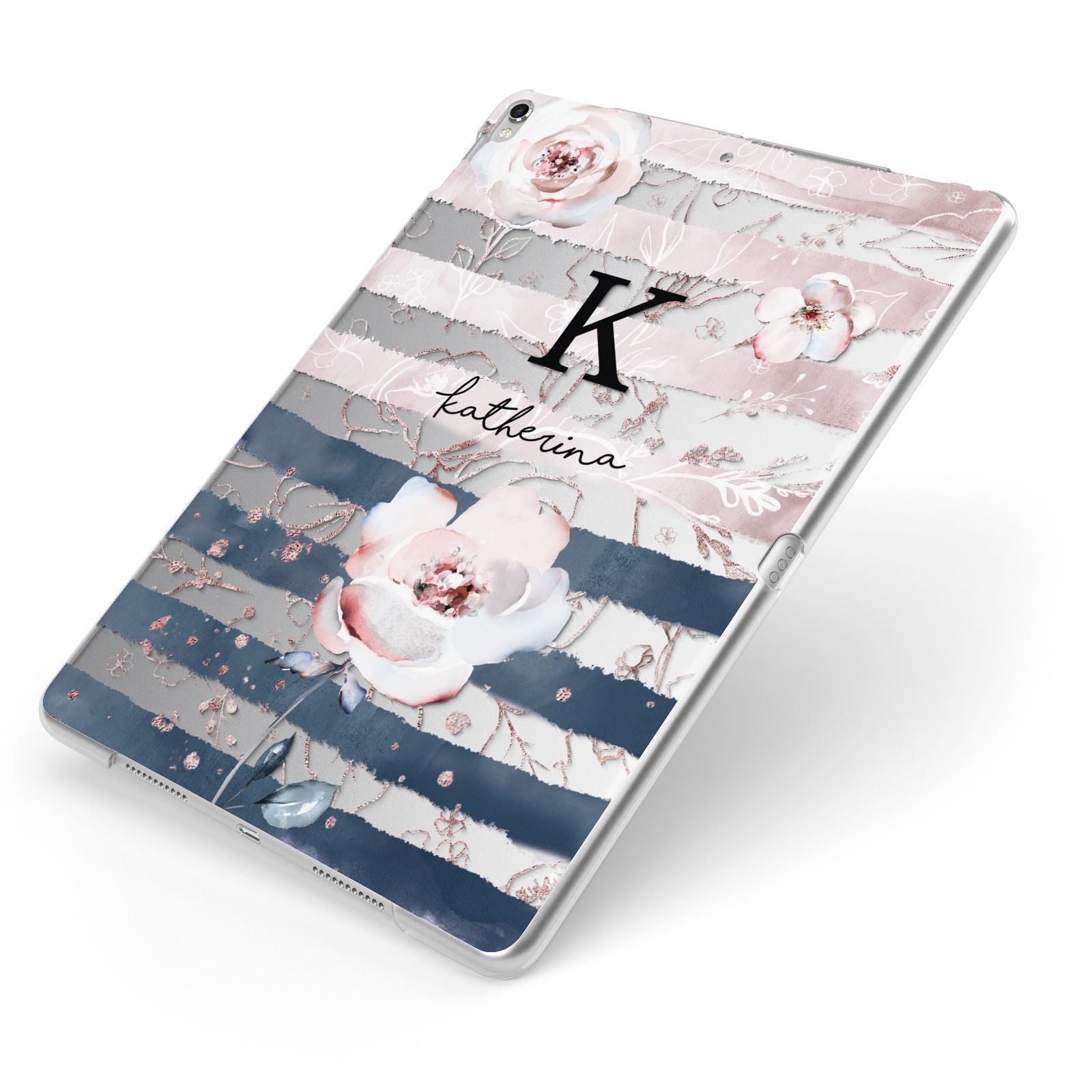 Monogram Pink Blue Striped Watercolour Apple iPad Case on Silver iPad Side View