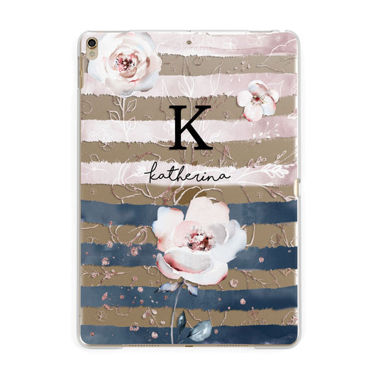 Monogram Pink Blue Striped Watercolour Apple iPad Gold Case