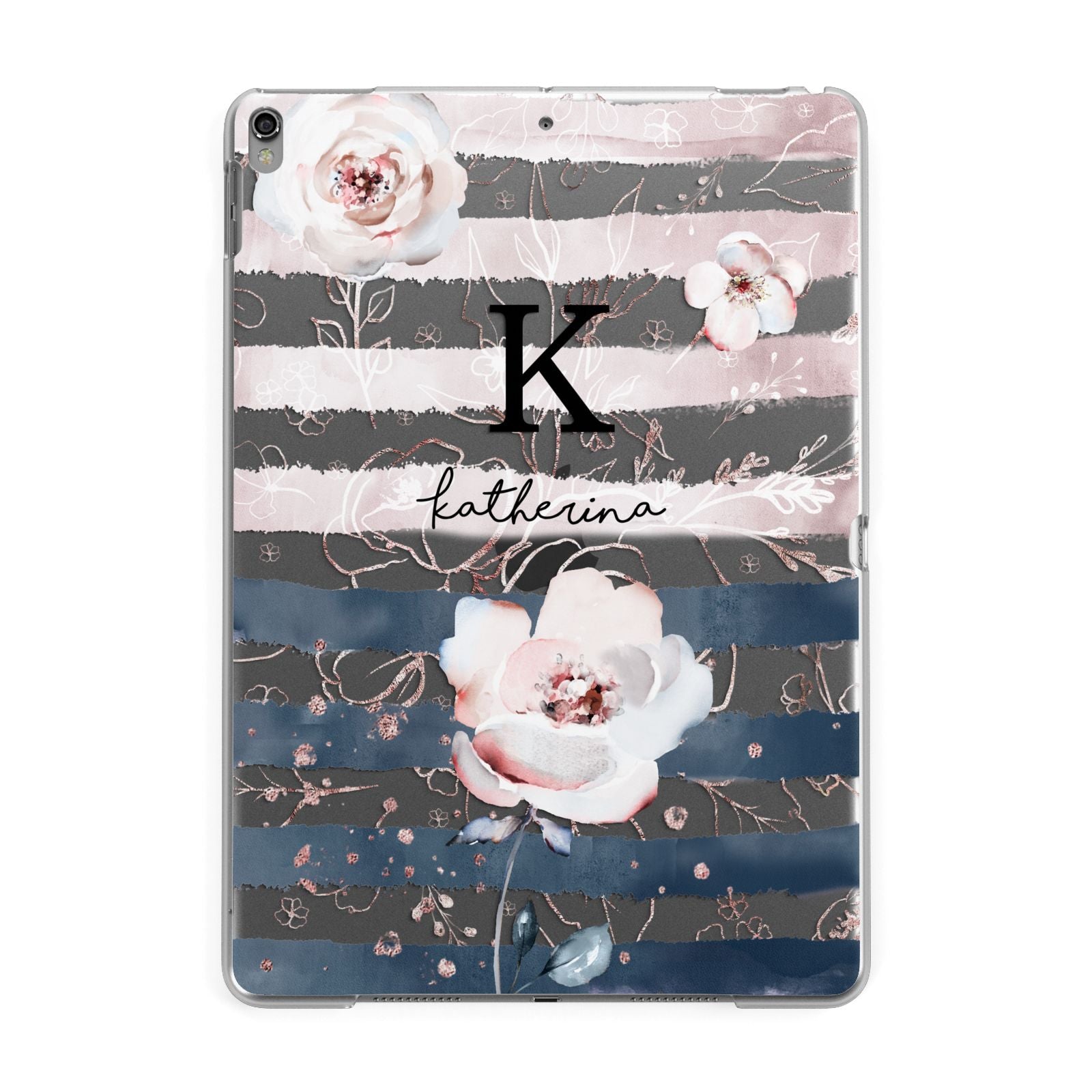 Monogram Pink Blue Striped Watercolour Apple iPad Grey Case