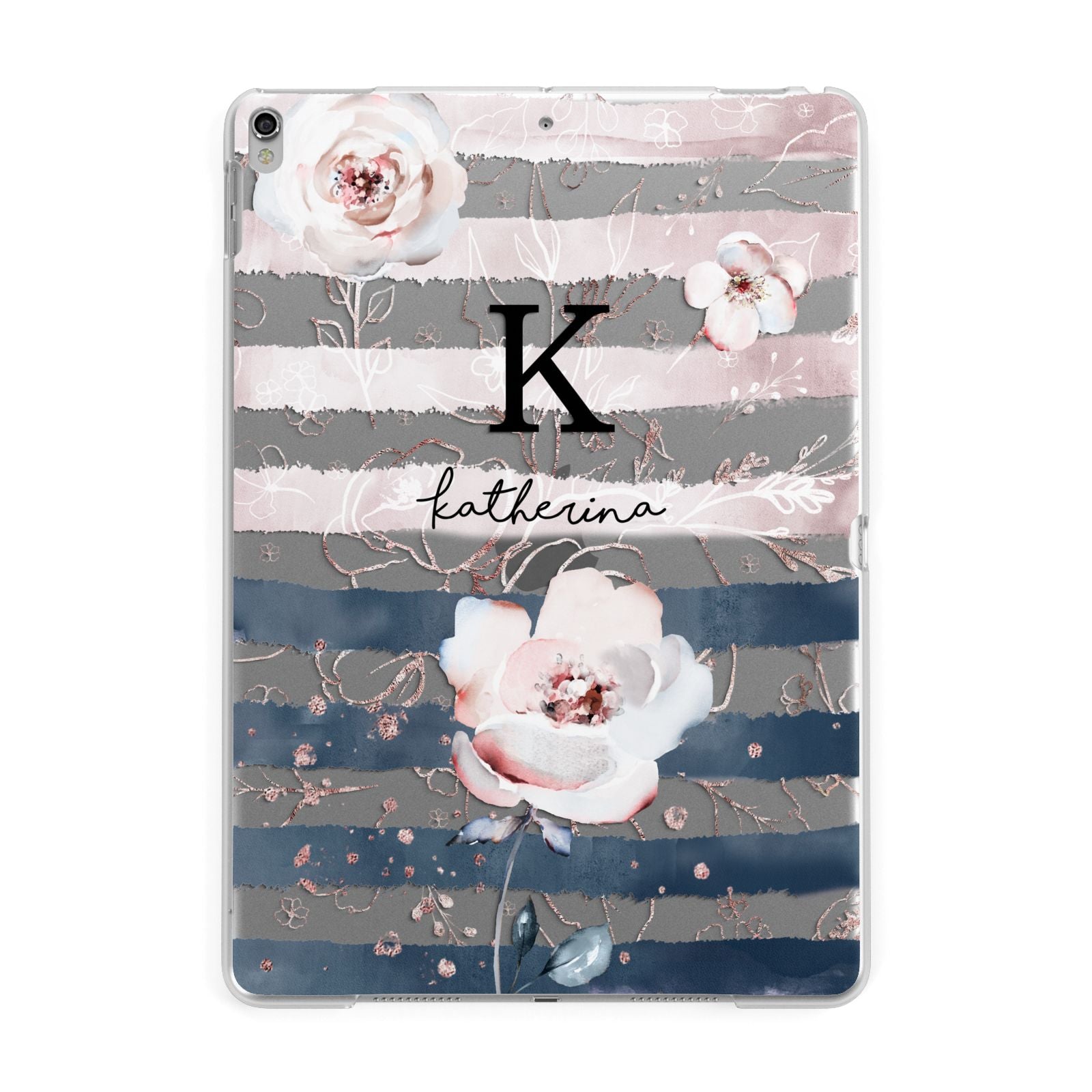 Monogram Pink Blue Striped Watercolour Apple iPad Silver Case