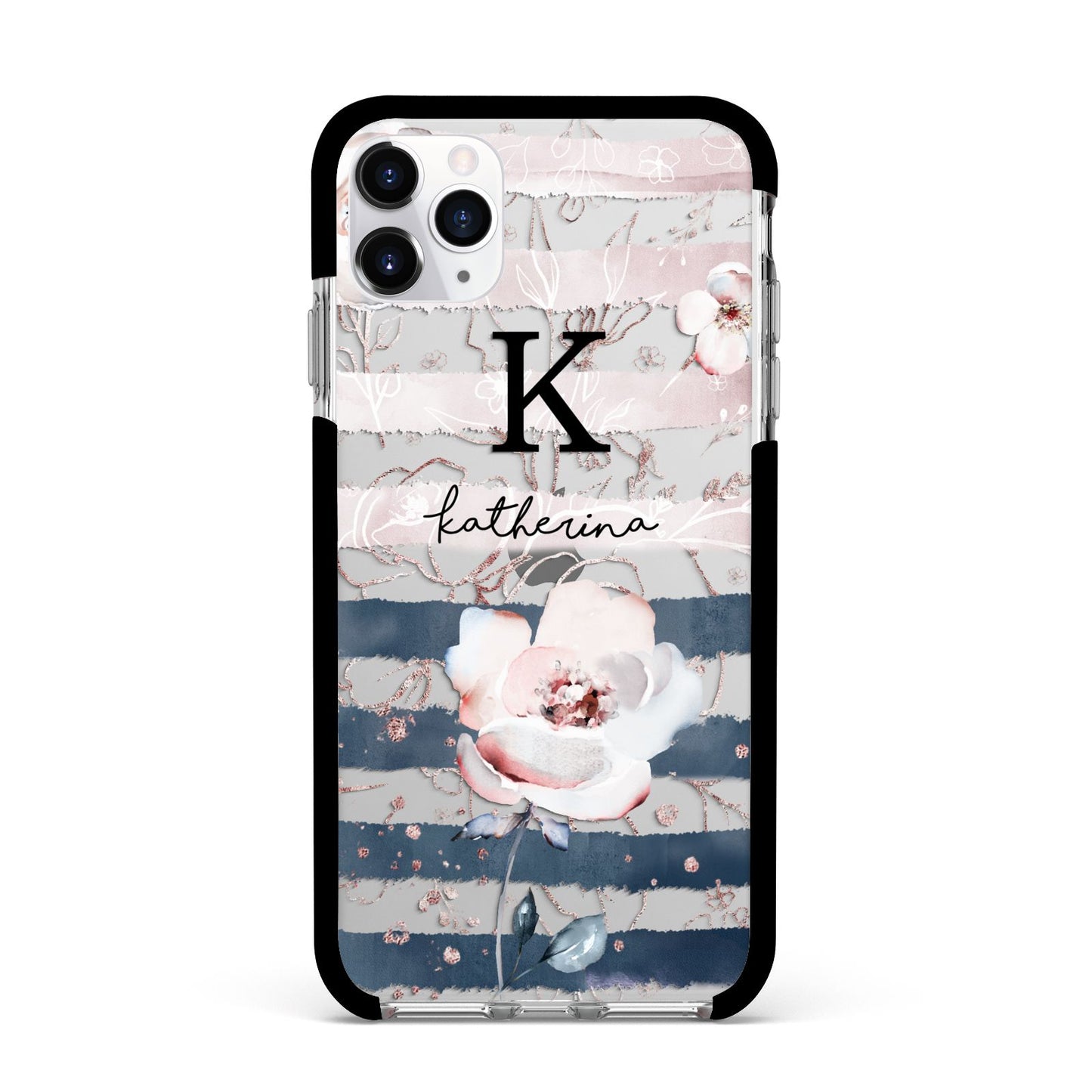 Monogram Pink Blue Striped Watercolour Apple iPhone 11 Pro Max in Silver with Black Impact Case