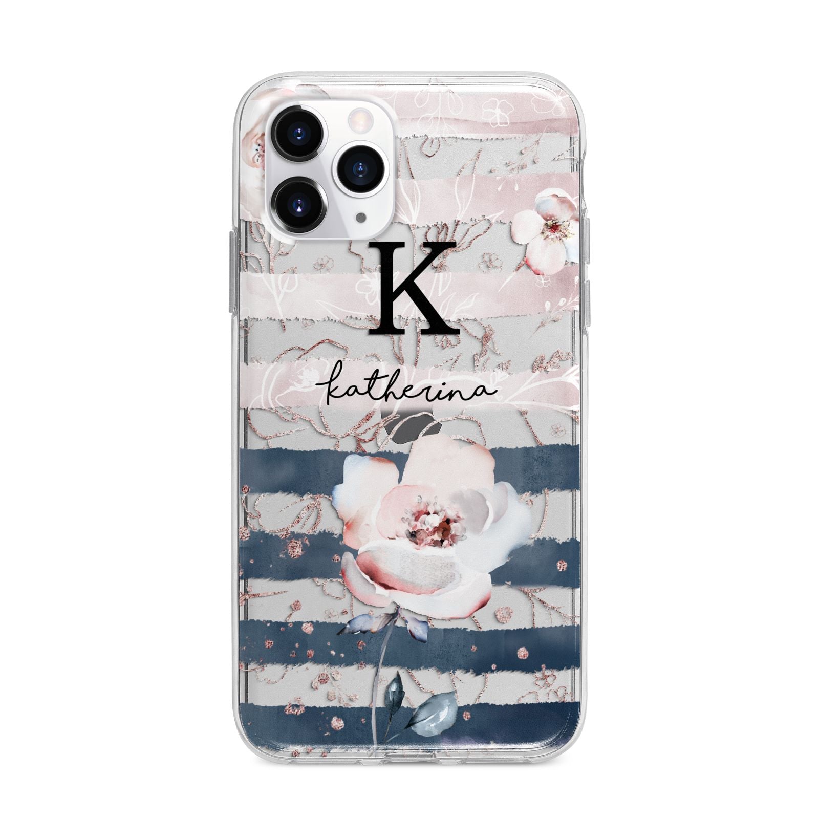Monogram Pink Blue Striped Watercolour Apple iPhone 11 Pro Max in Silver with Bumper Case