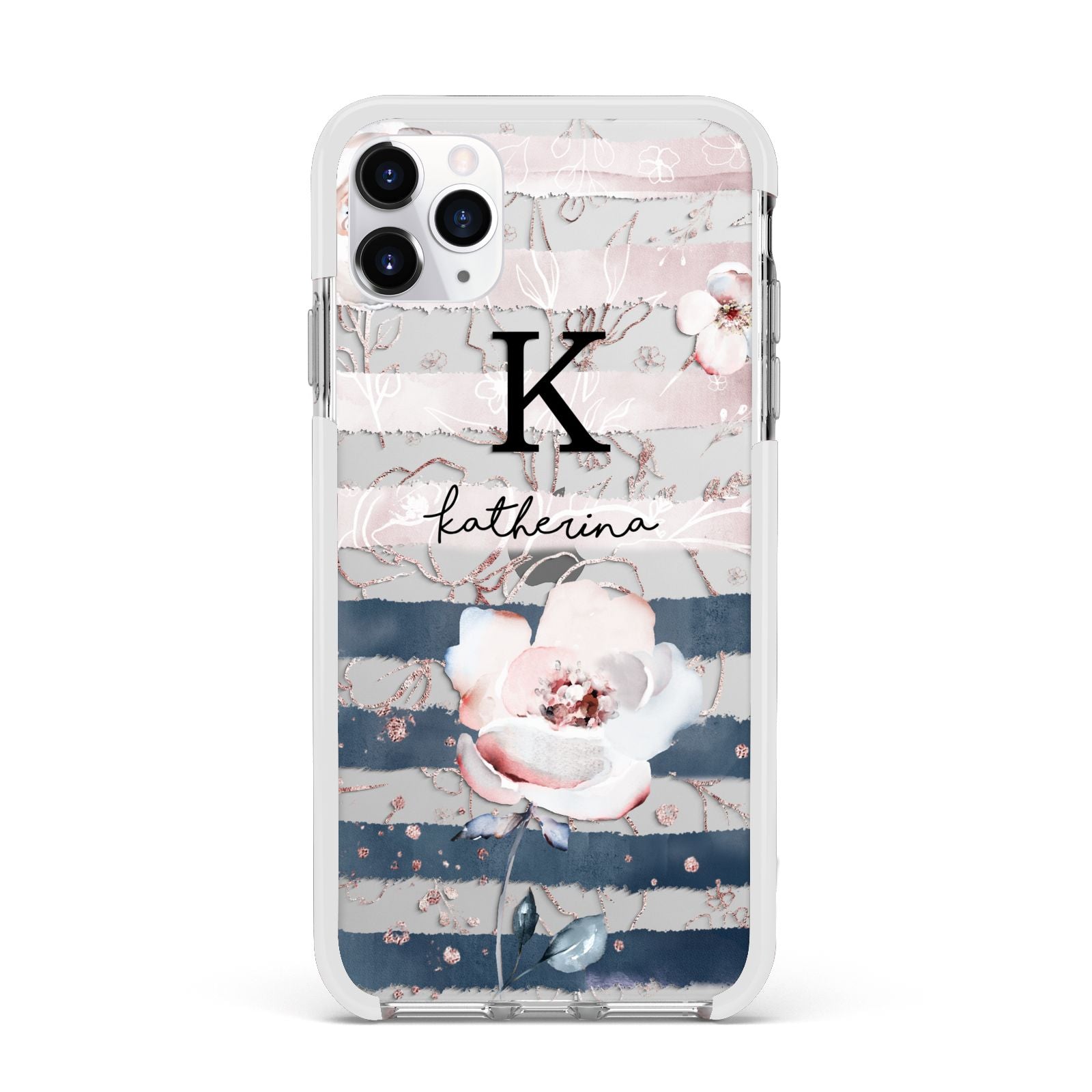 Monogram Pink Blue Striped Watercolour Apple iPhone 11 Pro Max in Silver with White Impact Case