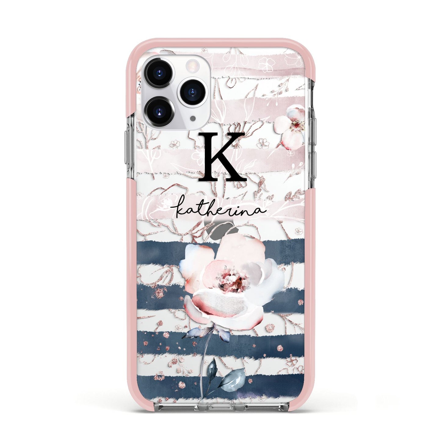 Monogram Pink Blue Striped Watercolour Apple iPhone 11 Pro in Silver with Pink Impact Case