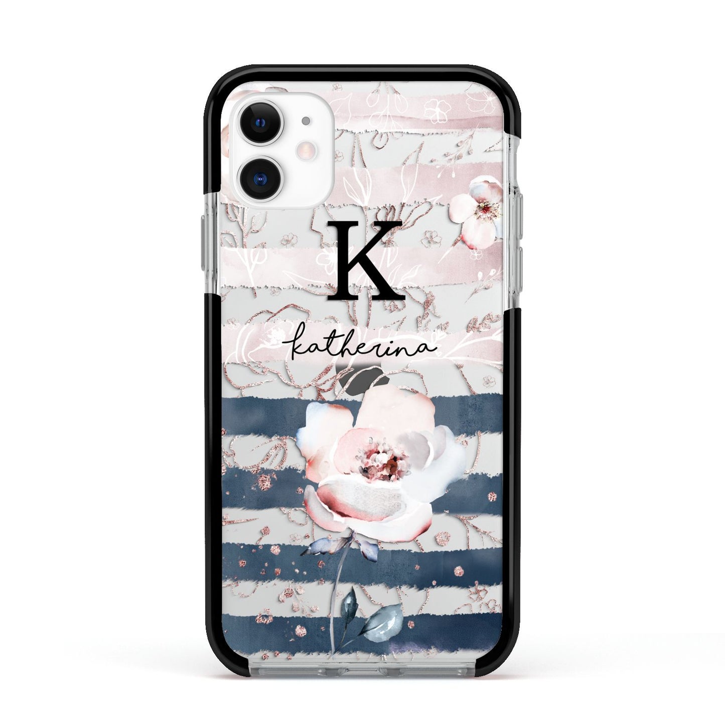 Monogram Pink Blue Striped Watercolour Apple iPhone 11 in White with Black Impact Case