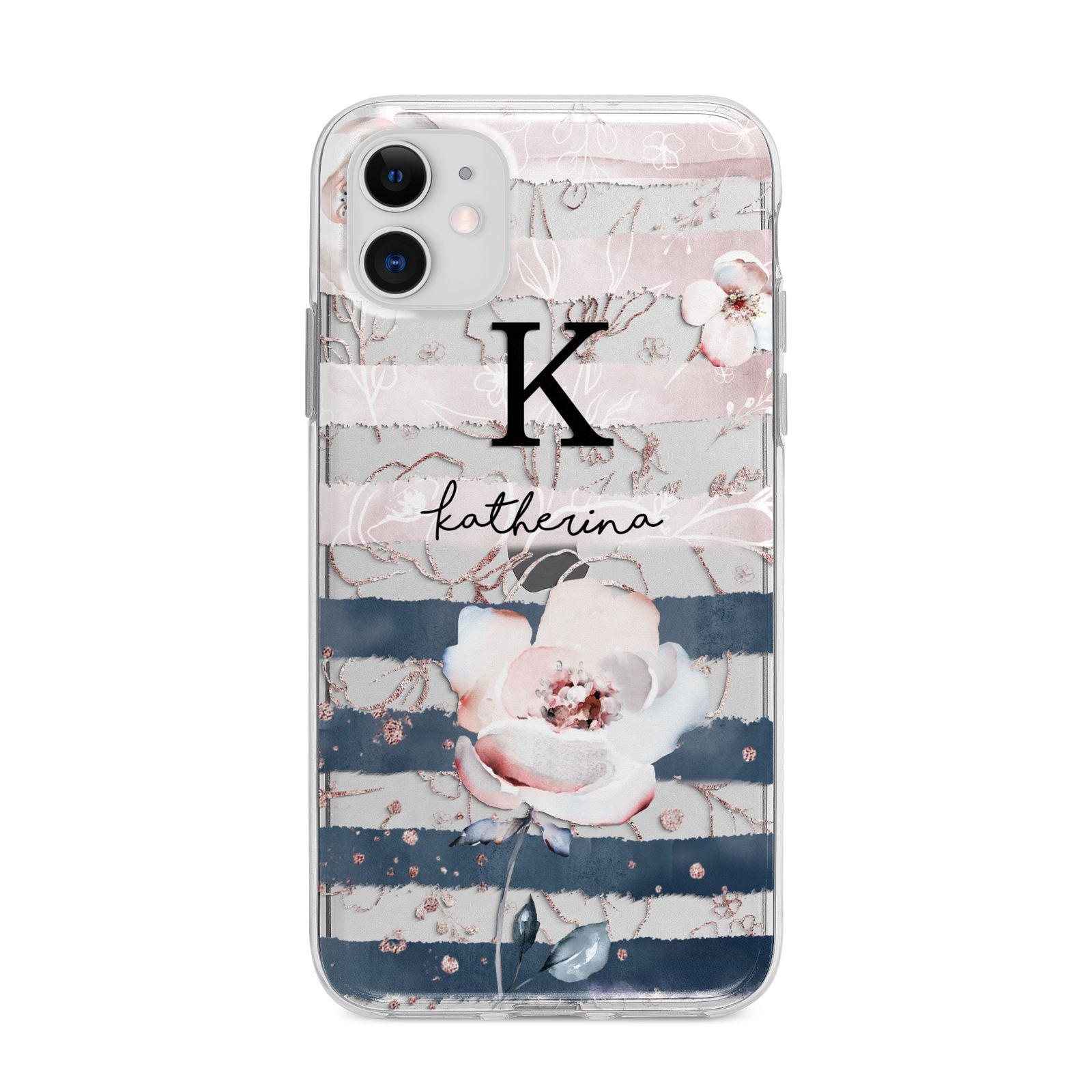 Monogram Pink Blue Striped Watercolour Apple iPhone 11 in White with Bumper Case