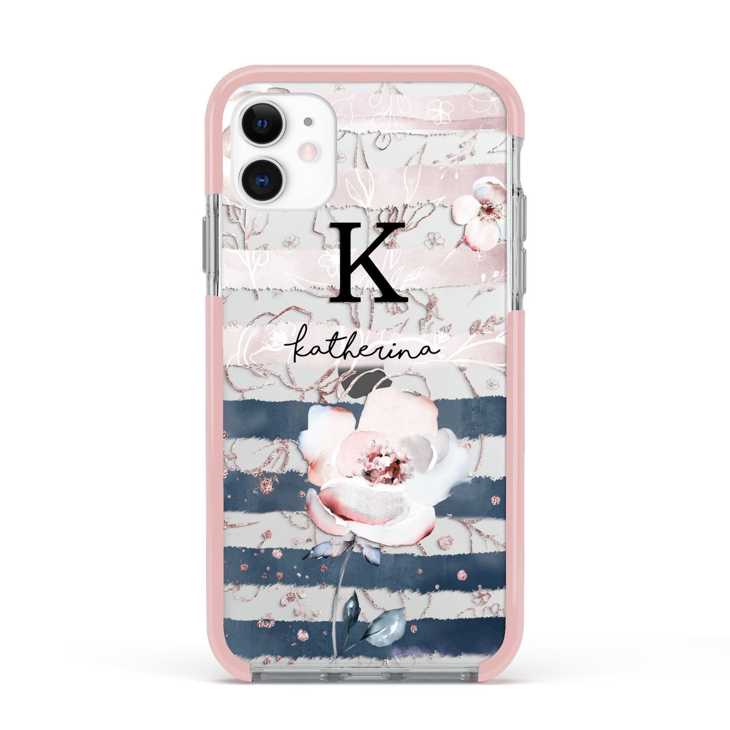 Monogram Pink Blue Striped Watercolour Apple iPhone 11 in White with Pink Impact Case