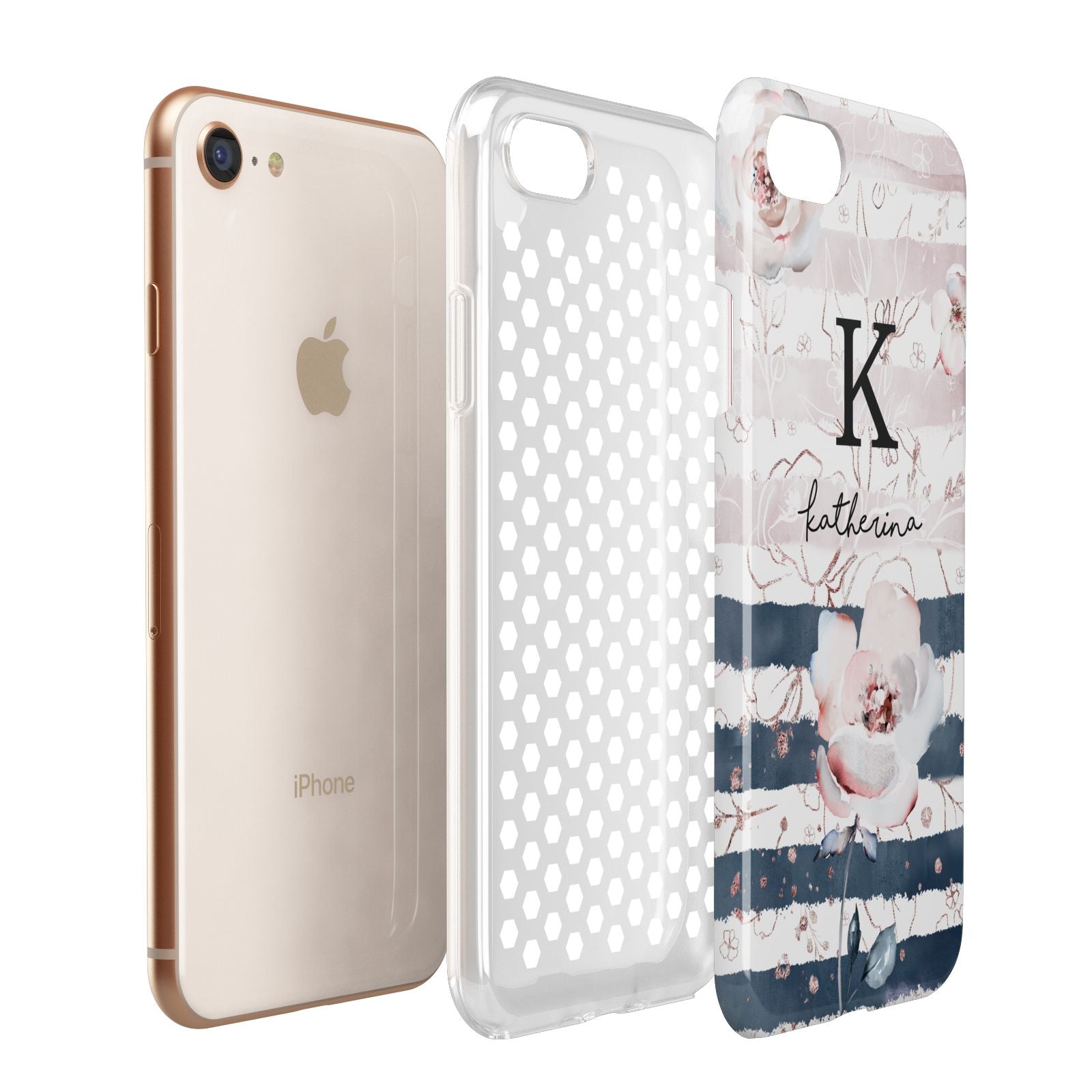 Monogram Pink Blue Striped Watercolour Apple iPhone 7 8 3D Tough Case Expanded View