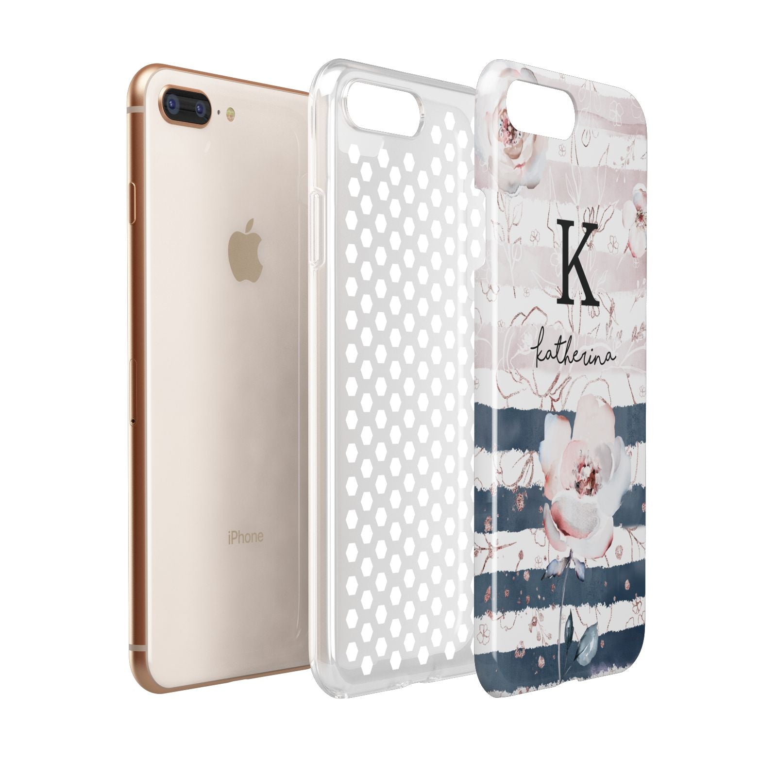 Monogram Pink Blue Striped Watercolour Apple iPhone 7 8 Plus 3D Tough Case Expanded View