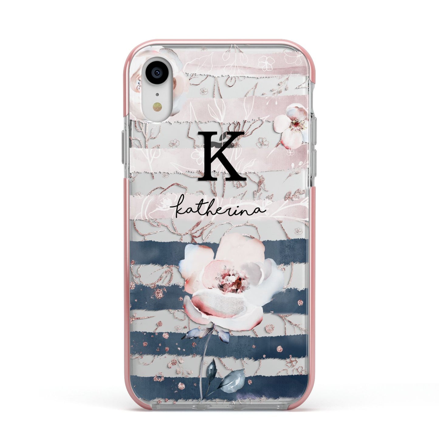 Monogram Pink Blue Striped Watercolour Apple iPhone XR Impact Case Pink Edge on Silver Phone