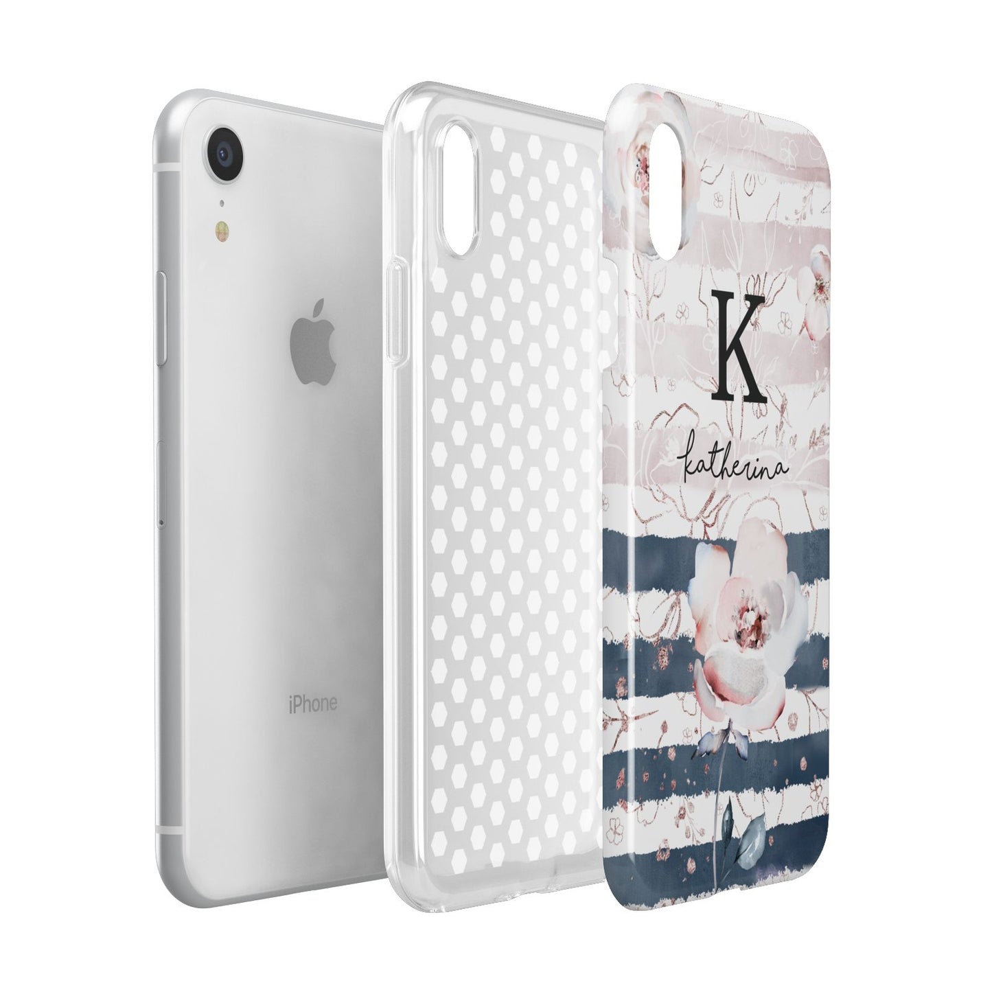 Monogram Pink Blue Striped Watercolour Apple iPhone XR White 3D Tough Case Expanded view