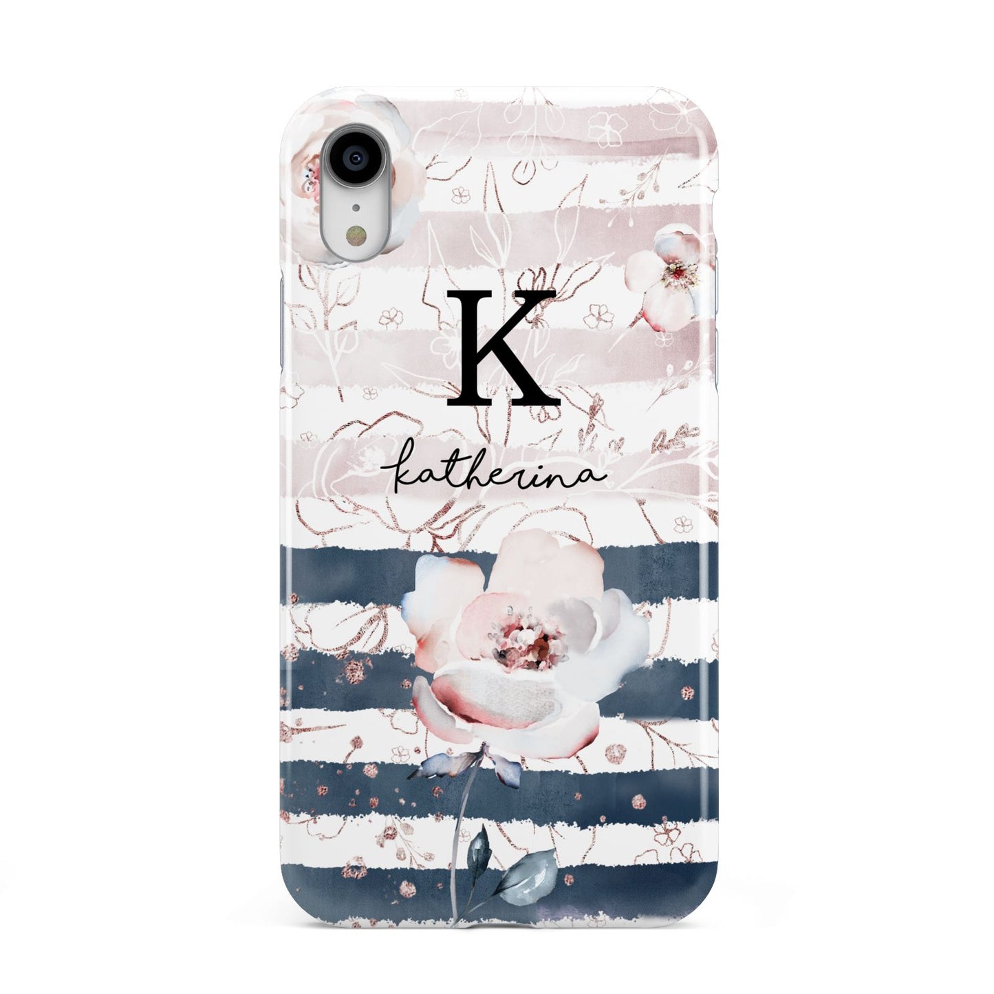 Monogram Pink Blue Striped Watercolour Apple iPhone XR White 3D Tough Case
