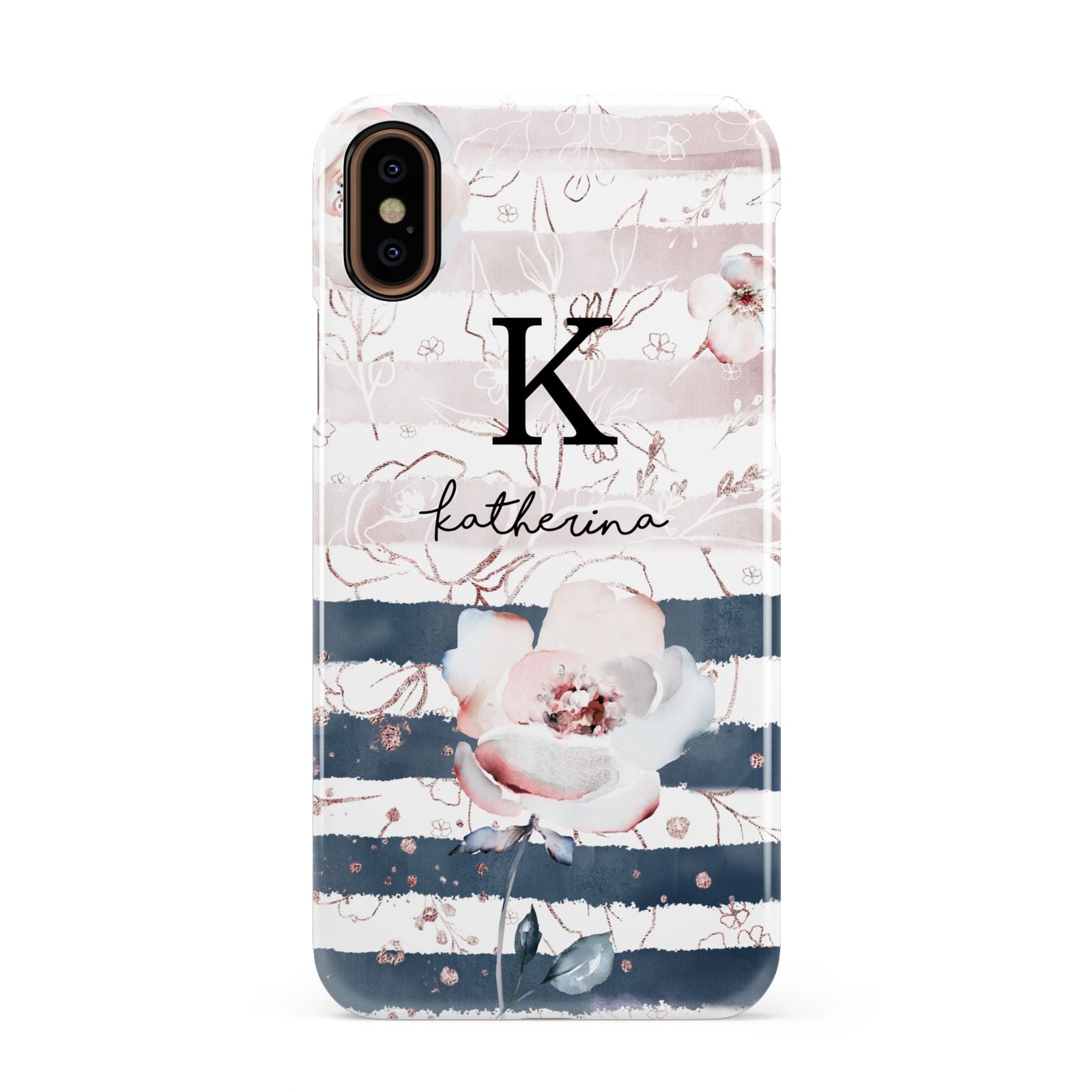 Monogram Pink Blue Striped Watercolour Apple iPhone XS 3D Snap Case
