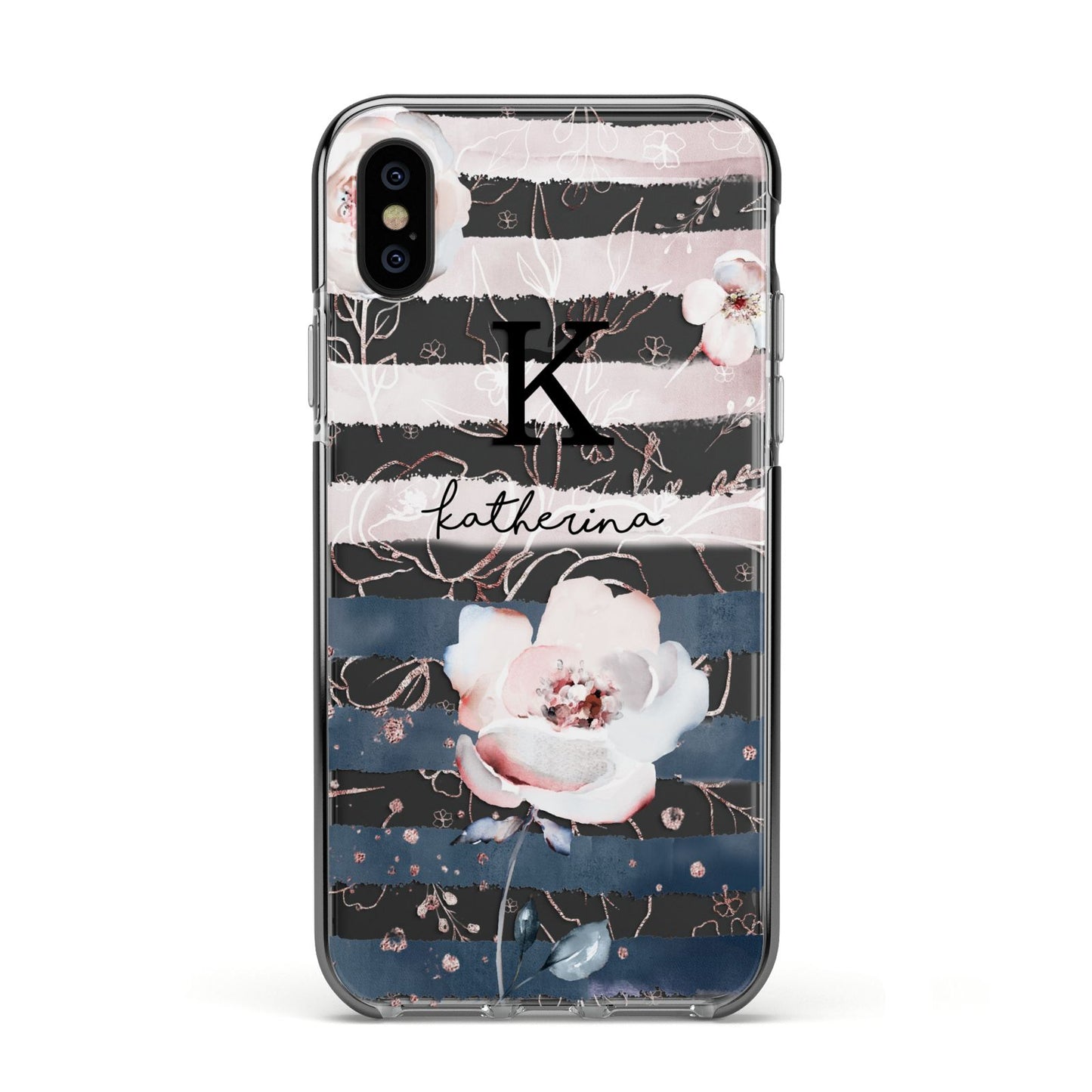 Monogram Pink Blue Striped Watercolour Apple iPhone Xs Impact Case Black Edge on Black Phone