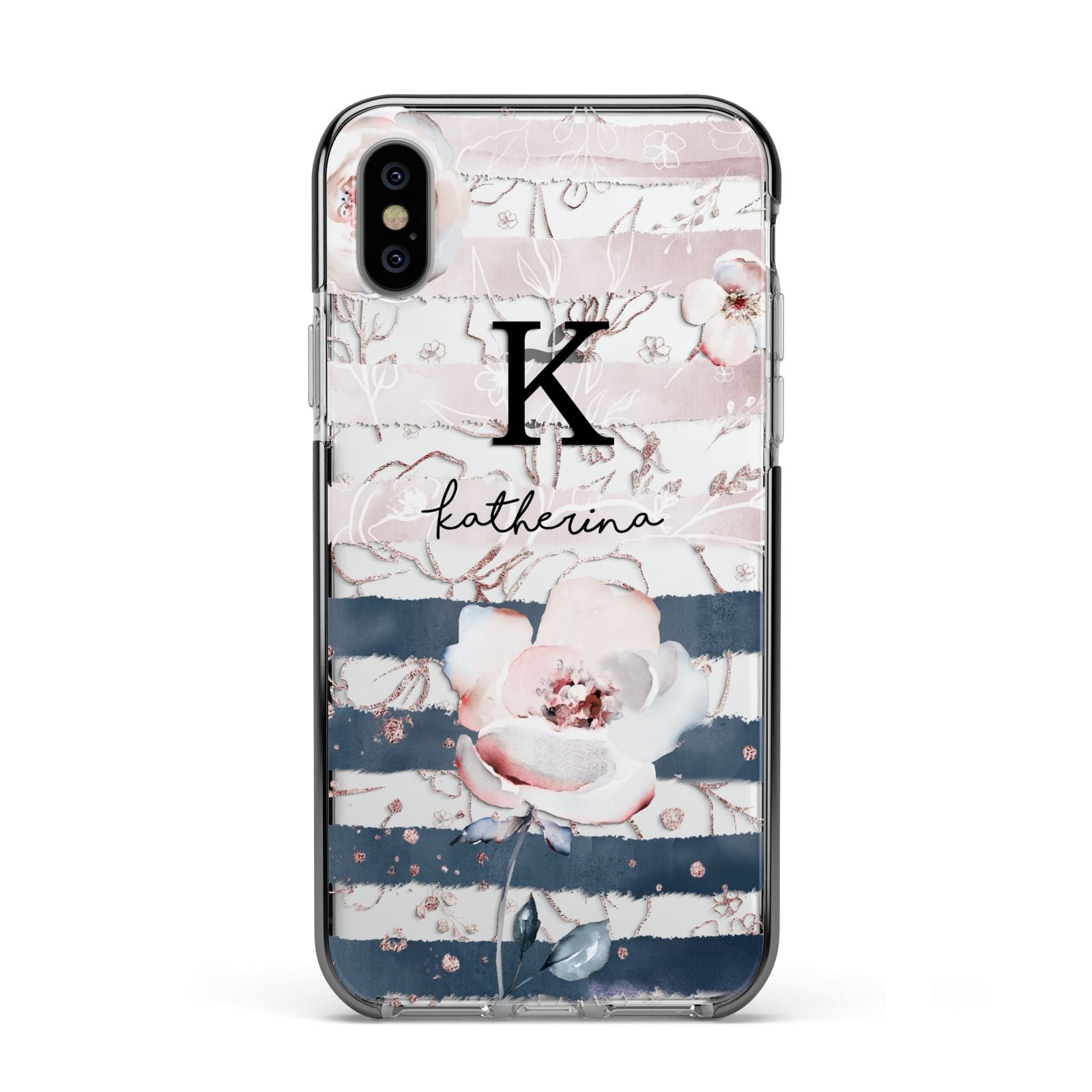 Monogram Pink Blue Striped Watercolour Apple iPhone Xs Impact Case Black Edge on Silver Phone