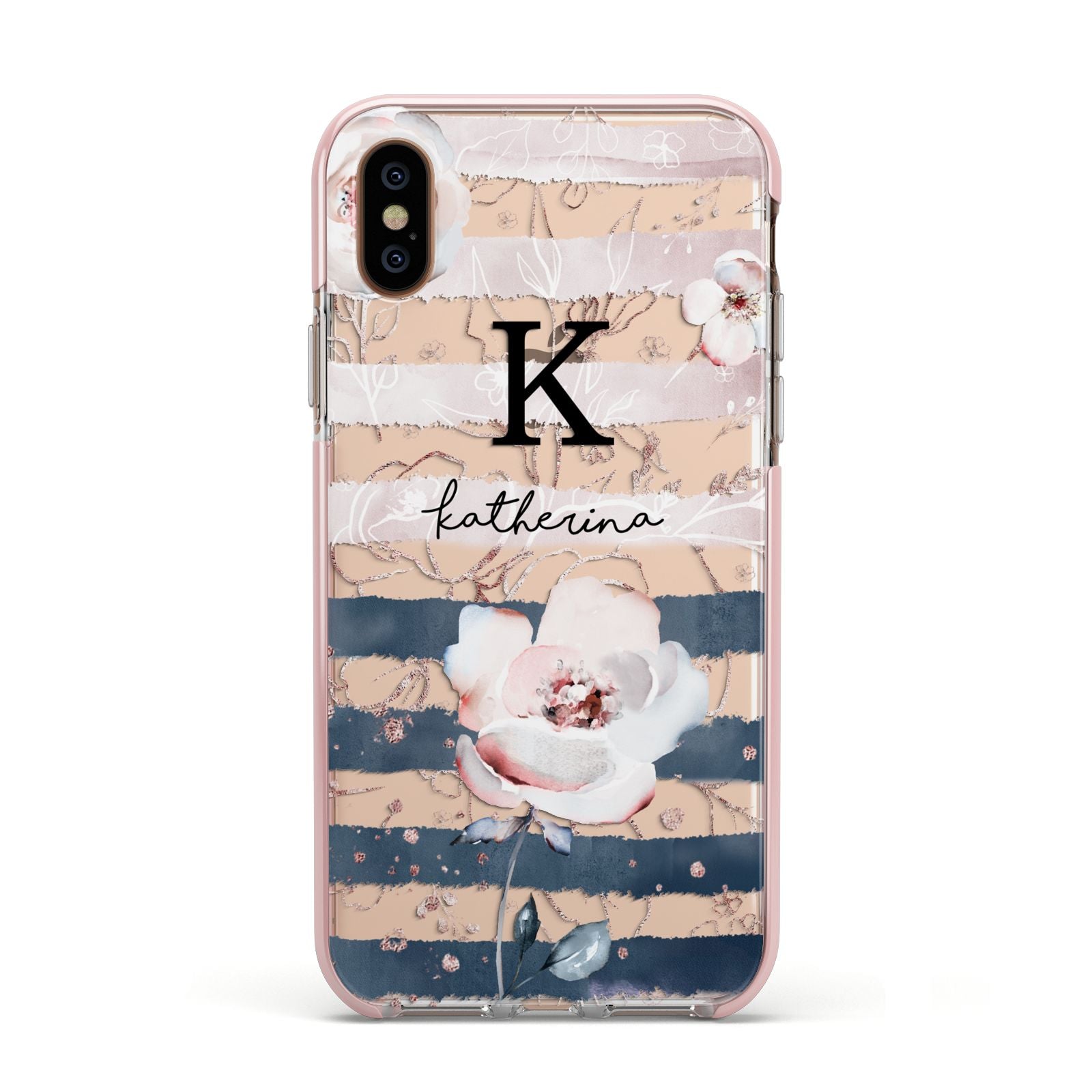 Monogram Pink Blue Striped Watercolour Apple iPhone Xs Impact Case Pink Edge on Gold Phone