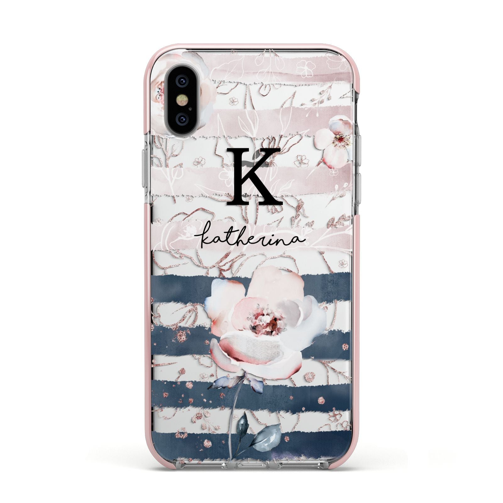 Monogram Pink Blue Striped Watercolour Apple iPhone Xs Impact Case Pink Edge on Silver Phone