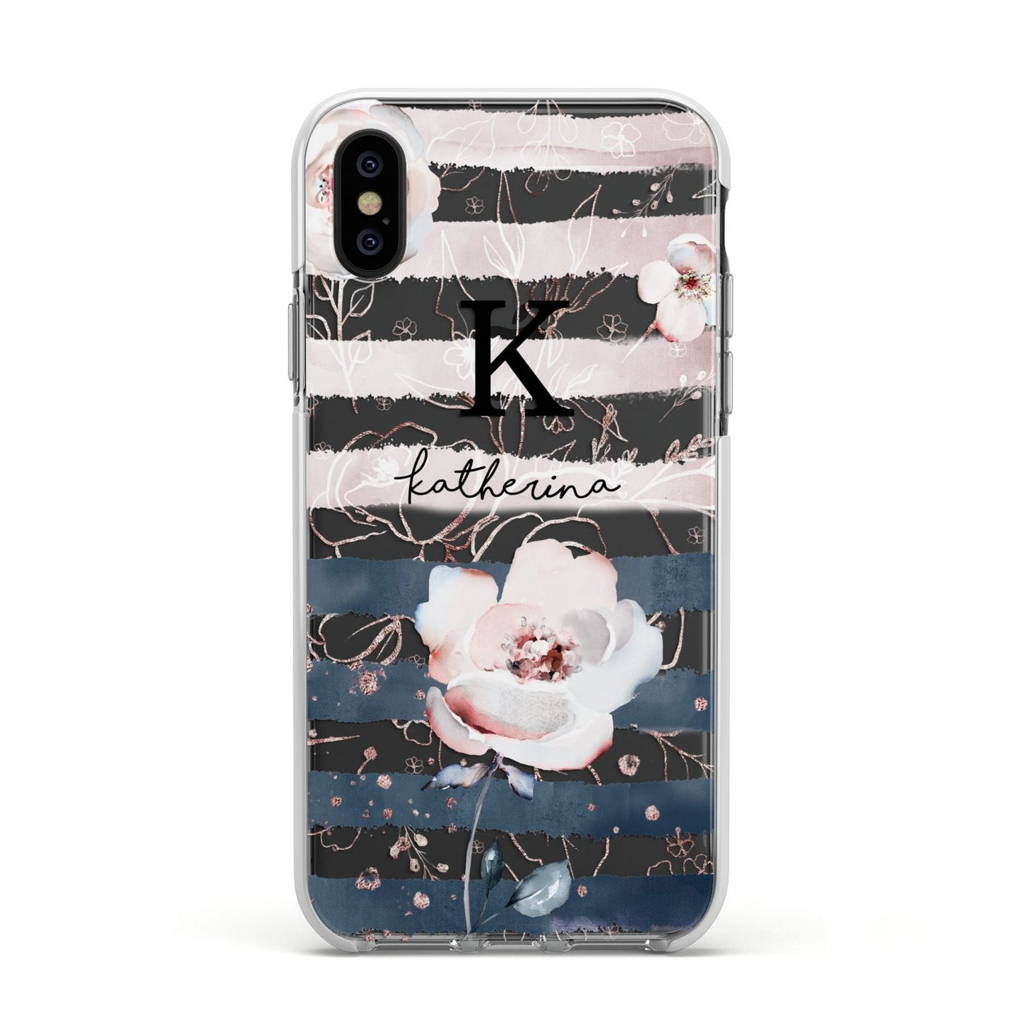 Monogram Pink Blue Striped Watercolour Apple iPhone Xs Impact Case White Edge on Black Phone