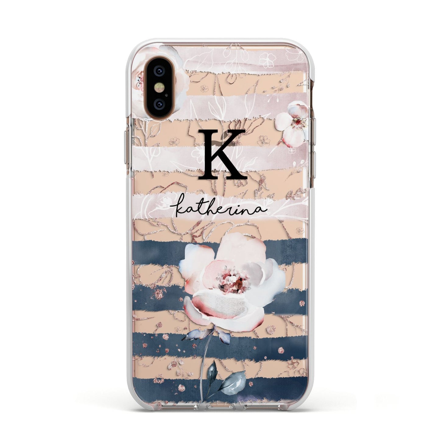 Monogram Pink Blue Striped Watercolour Apple iPhone Xs Impact Case White Edge on Gold Phone