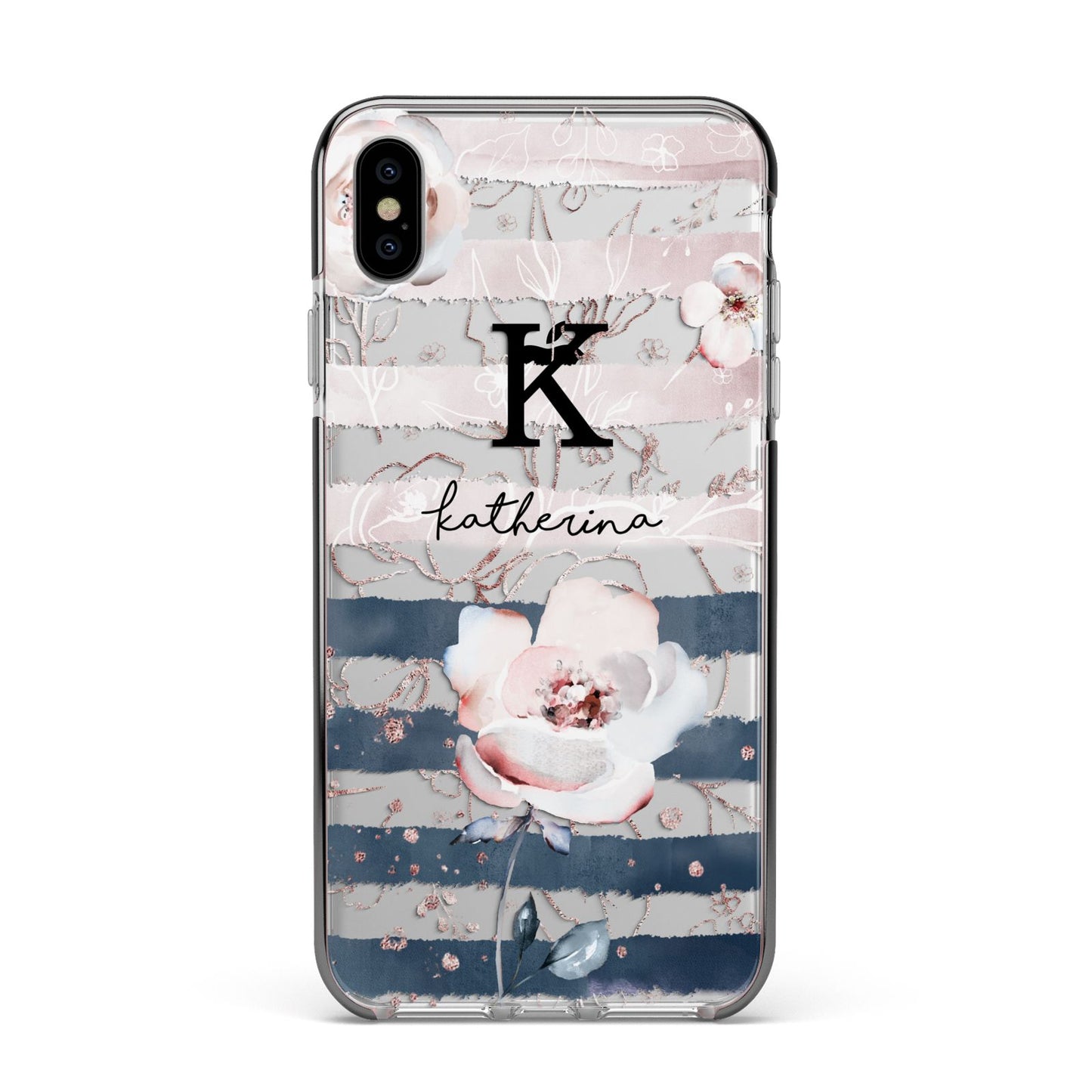 Monogram Pink Blue Striped Watercolour Apple iPhone Xs Max Impact Case Black Edge on Silver Phone