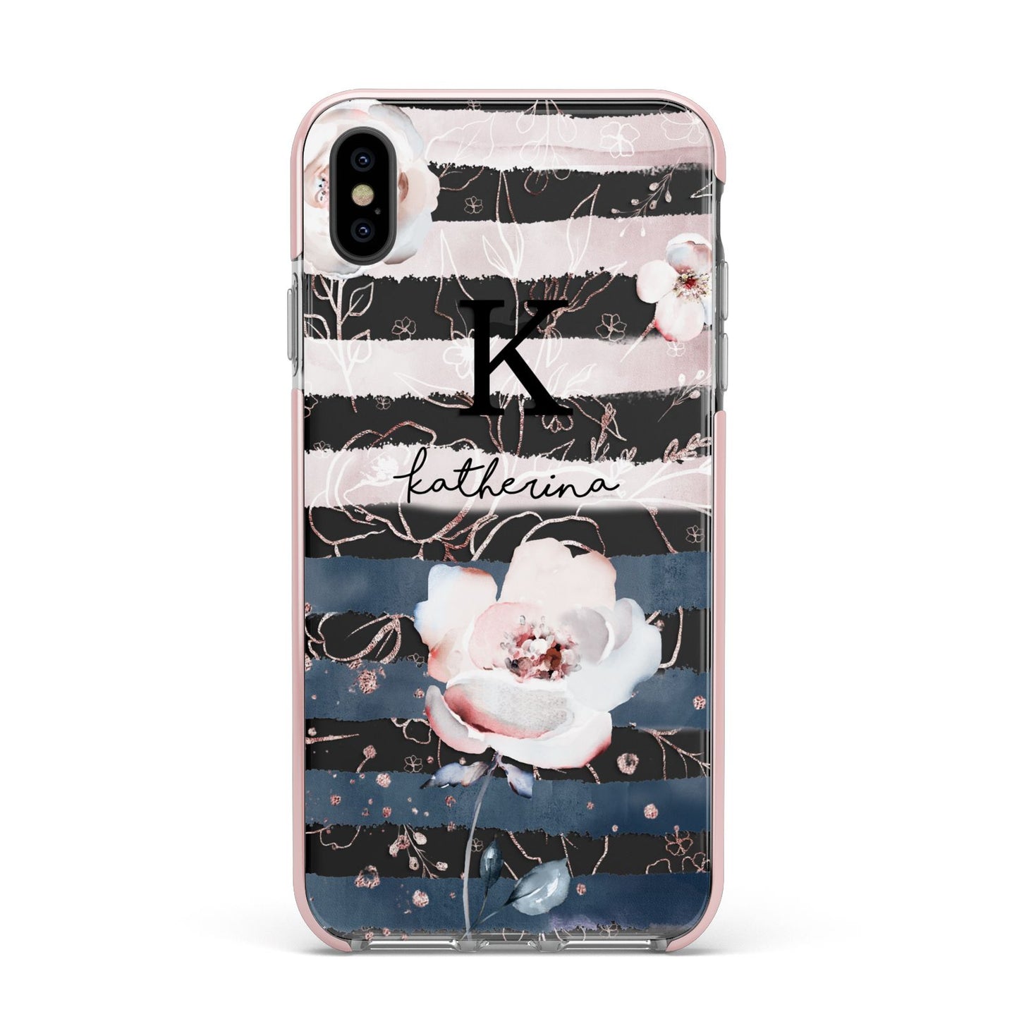 Monogram Pink Blue Striped Watercolour Apple iPhone Xs Max Impact Case Pink Edge on Black Phone