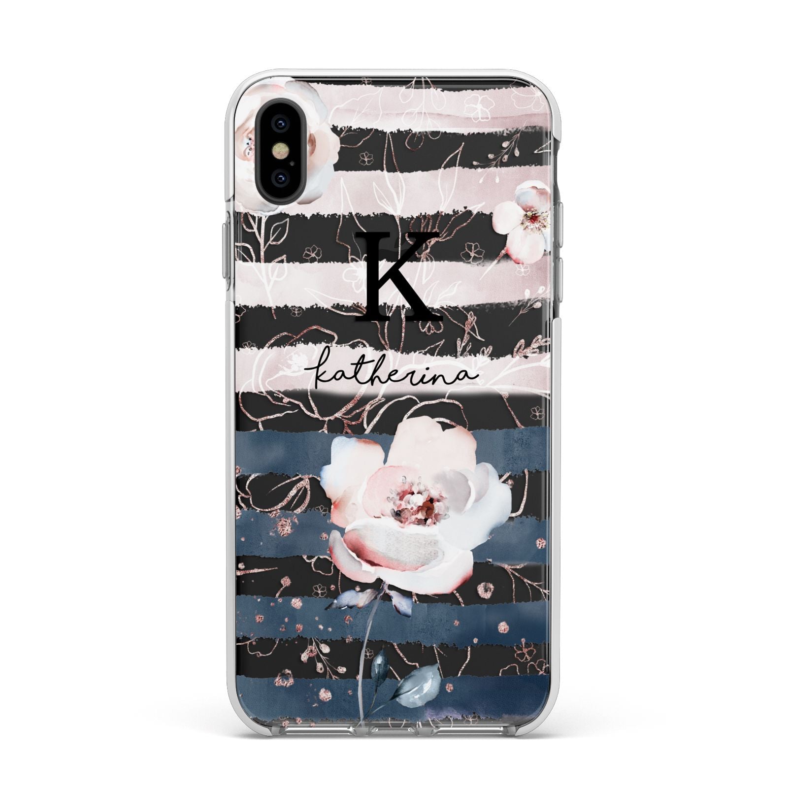 Monogram Pink Blue Striped Watercolour Apple iPhone Xs Max Impact Case White Edge on Black Phone