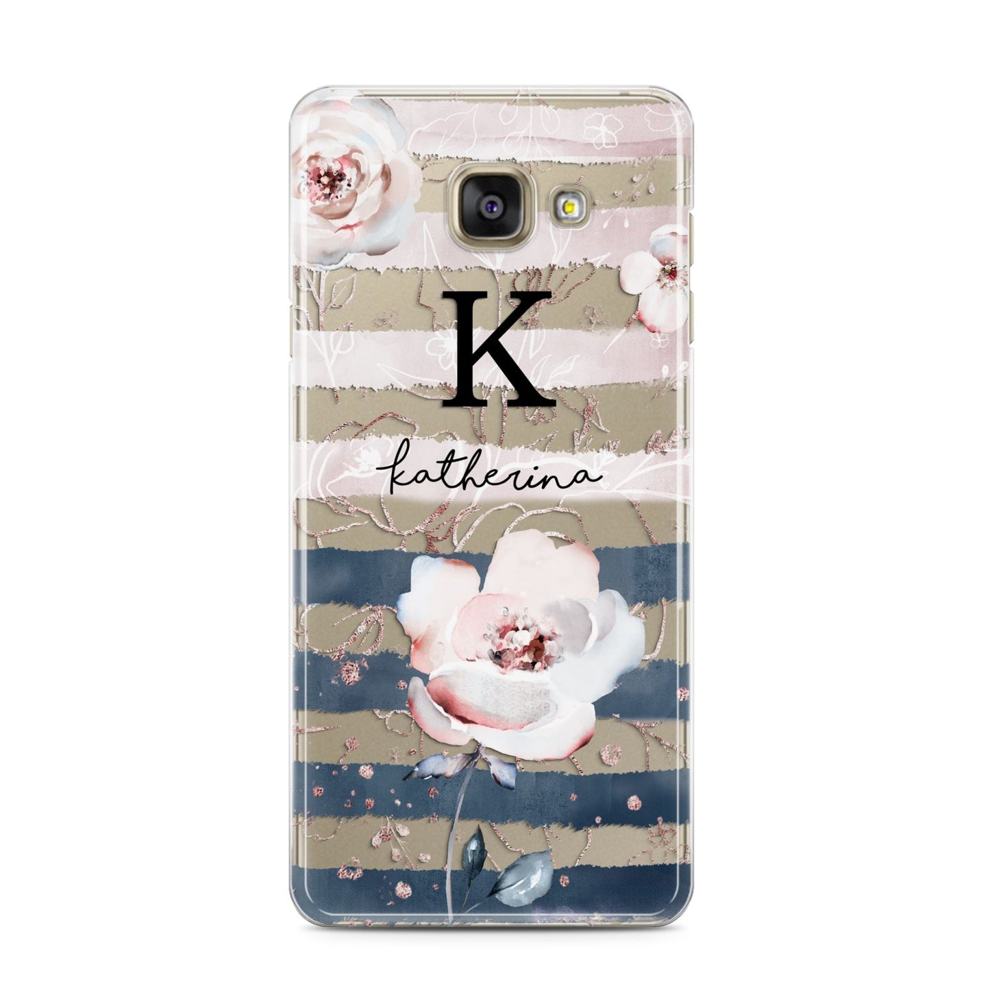 Monogram Pink Blue Striped Watercolour Samsung Galaxy A3 2016 Case on gold phone
