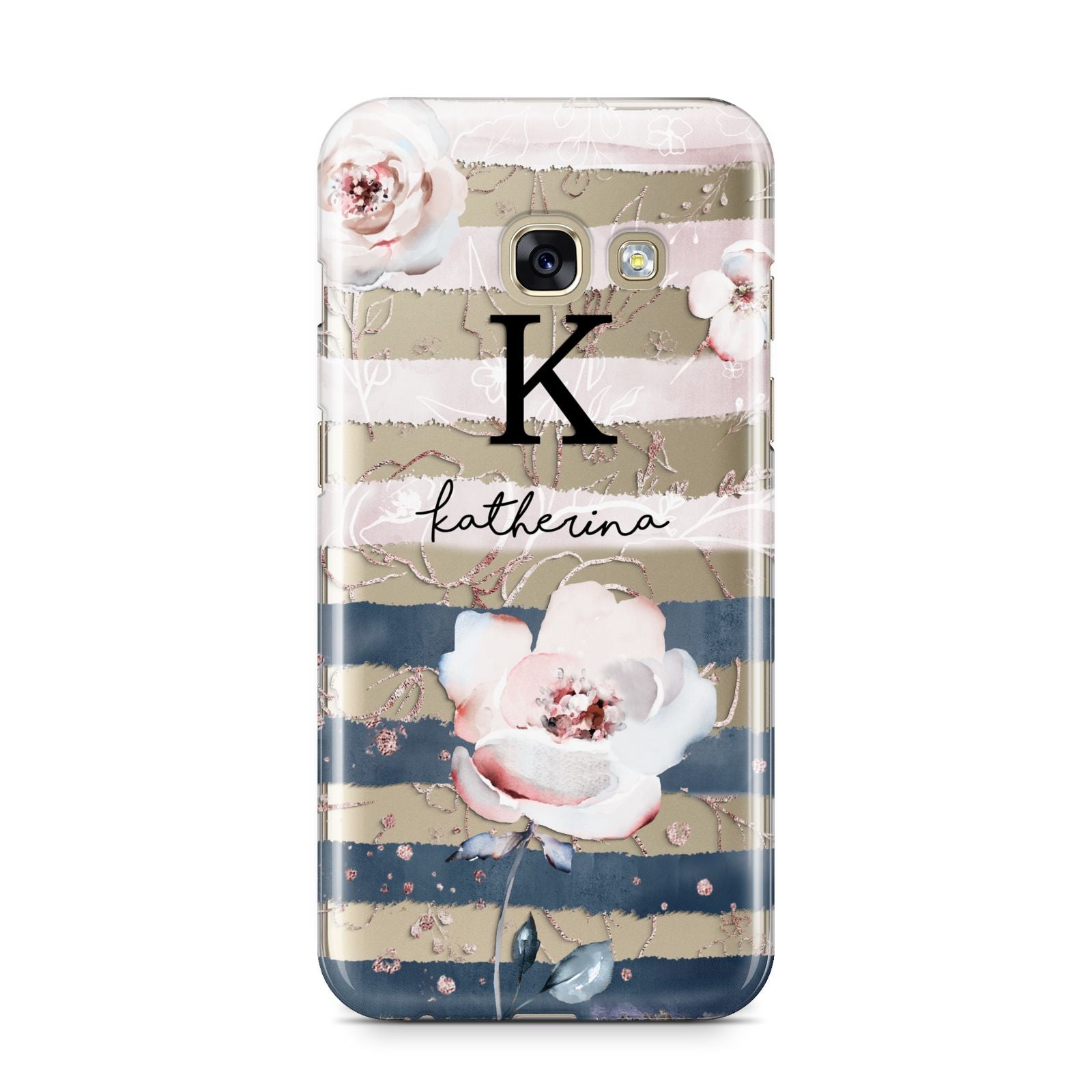 Monogram Pink Blue Striped Watercolour Samsung Galaxy A3 2017 Case on gold phone