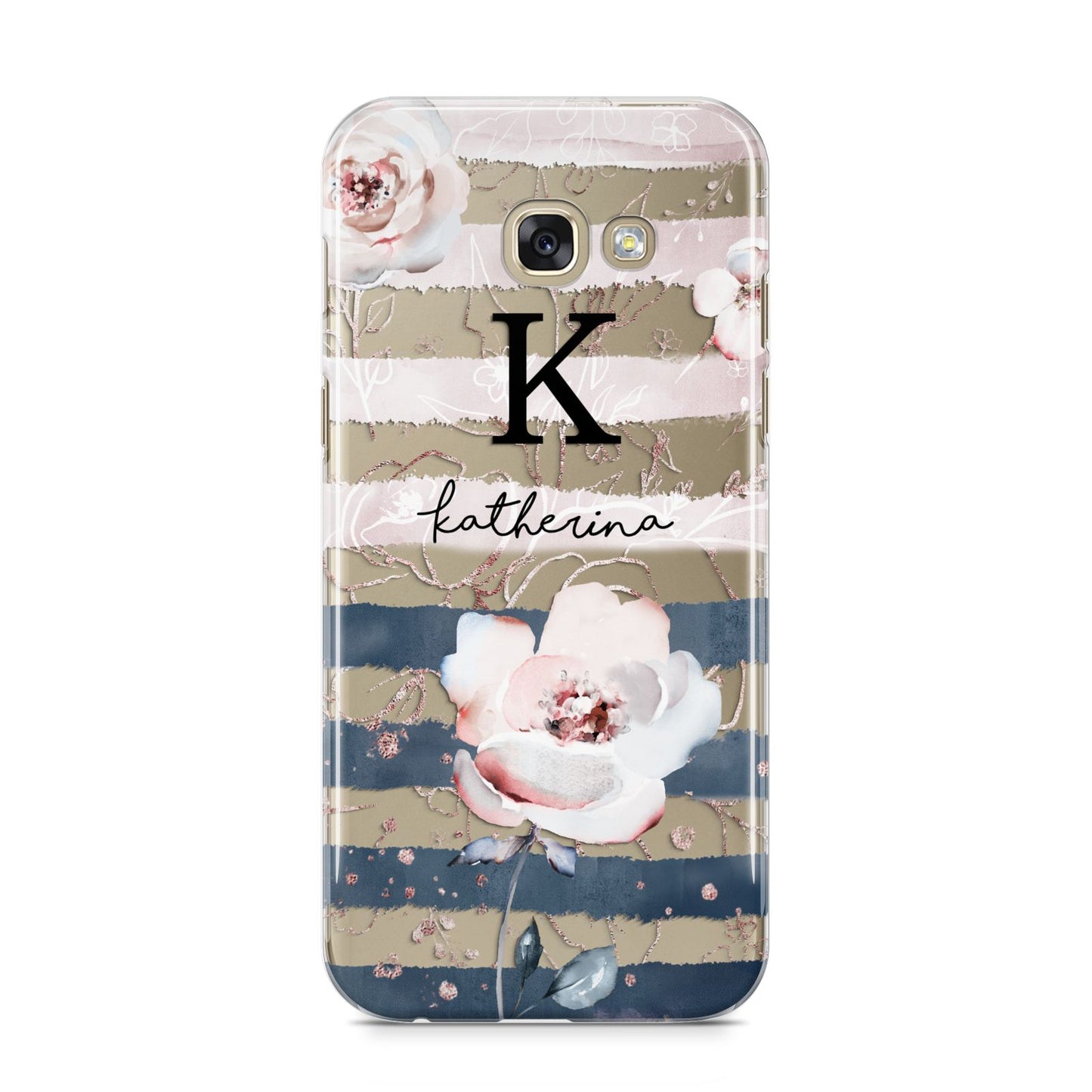 Monogram Pink Blue Striped Watercolour Samsung Galaxy A5 2017 Case on gold phone