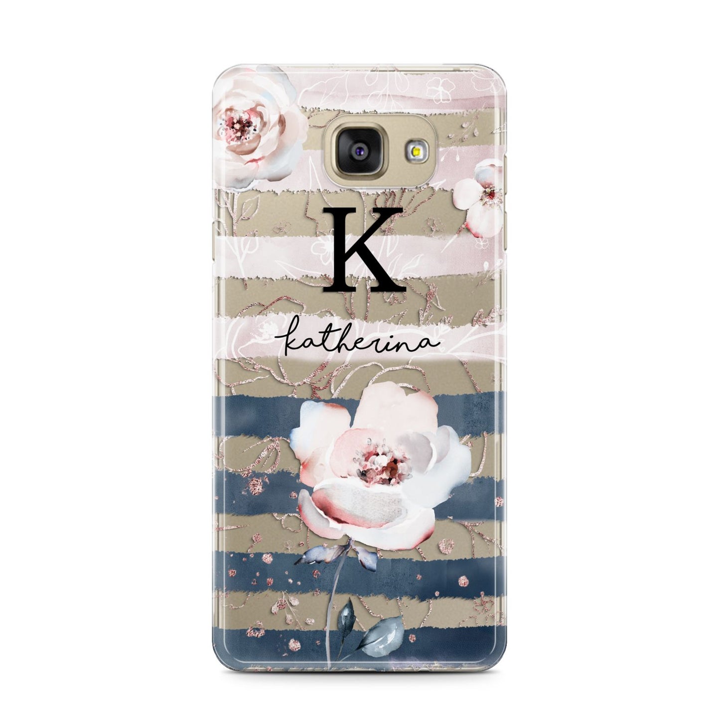Monogram Pink Blue Striped Watercolour Samsung Galaxy A7 2016 Case on gold phone