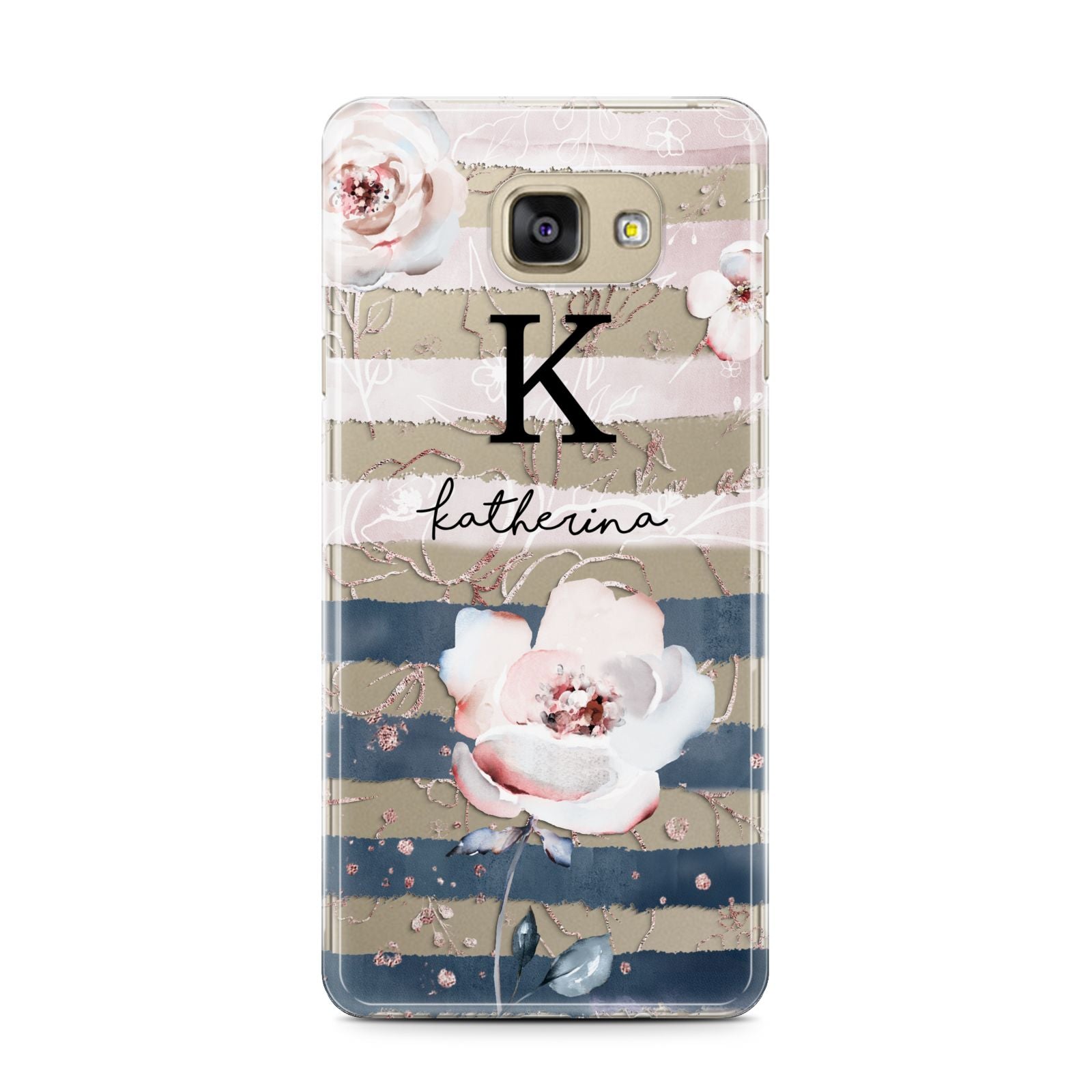 Monogram Pink Blue Striped Watercolour Samsung Galaxy A7 2016 Case on gold phone
