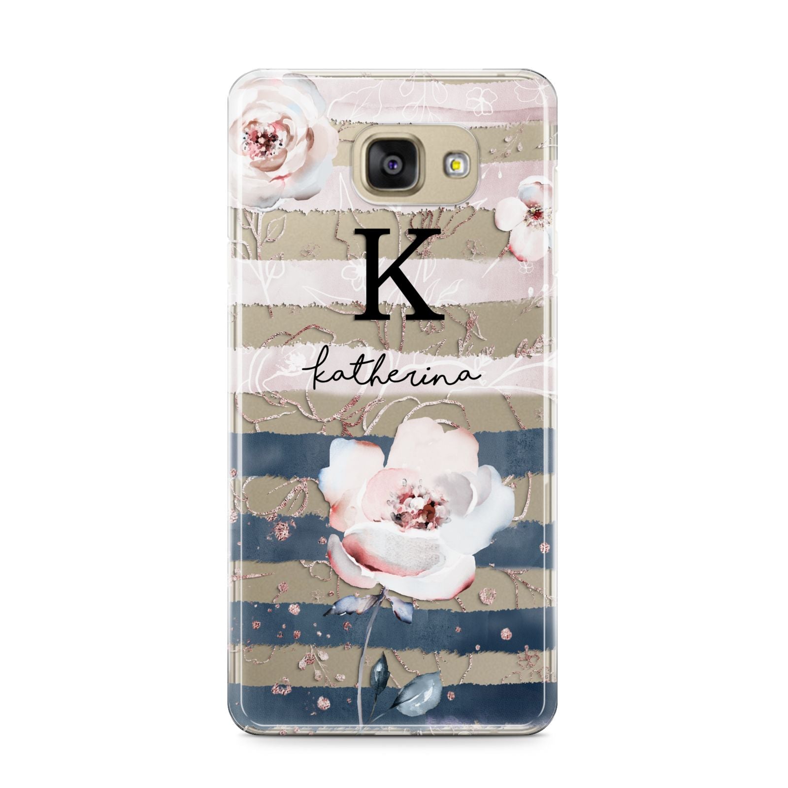 Monogram Pink Blue Striped Watercolour Samsung Galaxy A9 2016 Case on gold phone