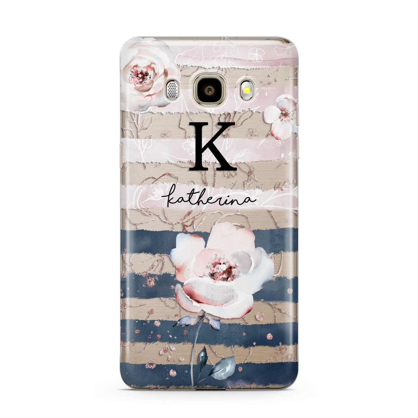 Monogram Pink Blue Striped Watercolour Samsung Galaxy J7 2016 Case on gold phone