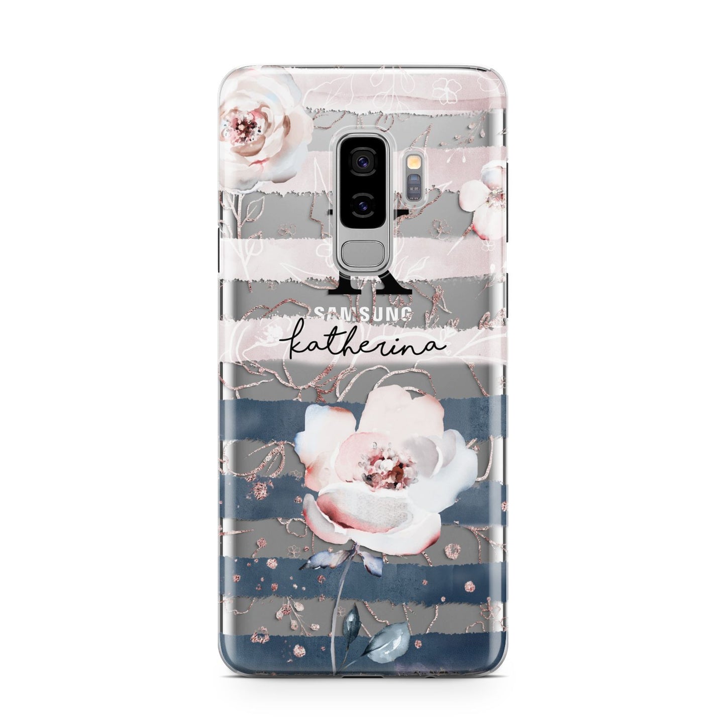 Monogram Pink Blue Striped Watercolour Samsung Galaxy S9 Plus Case on Silver phone