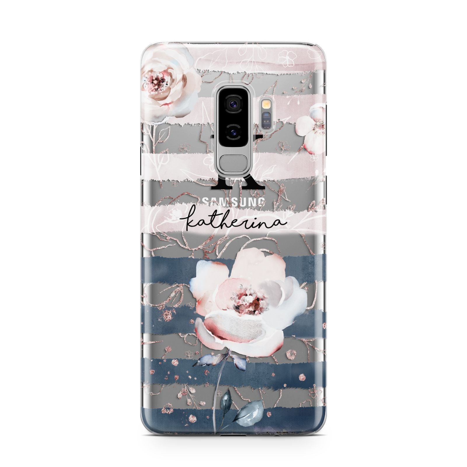 Monogram Pink Blue Striped Watercolour Samsung Galaxy S9 Plus Case on Silver phone