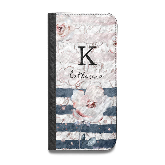 Monogram Pink Blue Striped Watercolour Vegan Leather Flip iPhone Case